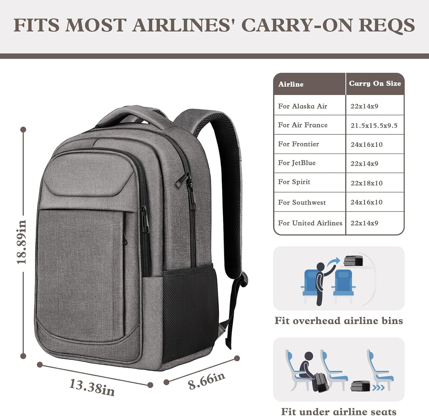 Travel Backpack, Laptop Backpack For Men Women, 17 Inch Water Resistant Slim Casual Daypack College School Travel Computer Nurse Work Bag Gift for Men & Women, Grey