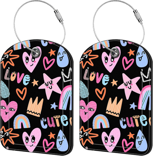 2 Pack Cute Luggage Tag for Suitcases Cute Abstract Print Leather Luggage Tags with Stainless Steel Loop Privacy Flap Name Tags,Men and Women Travel Bag Suitcase Tags