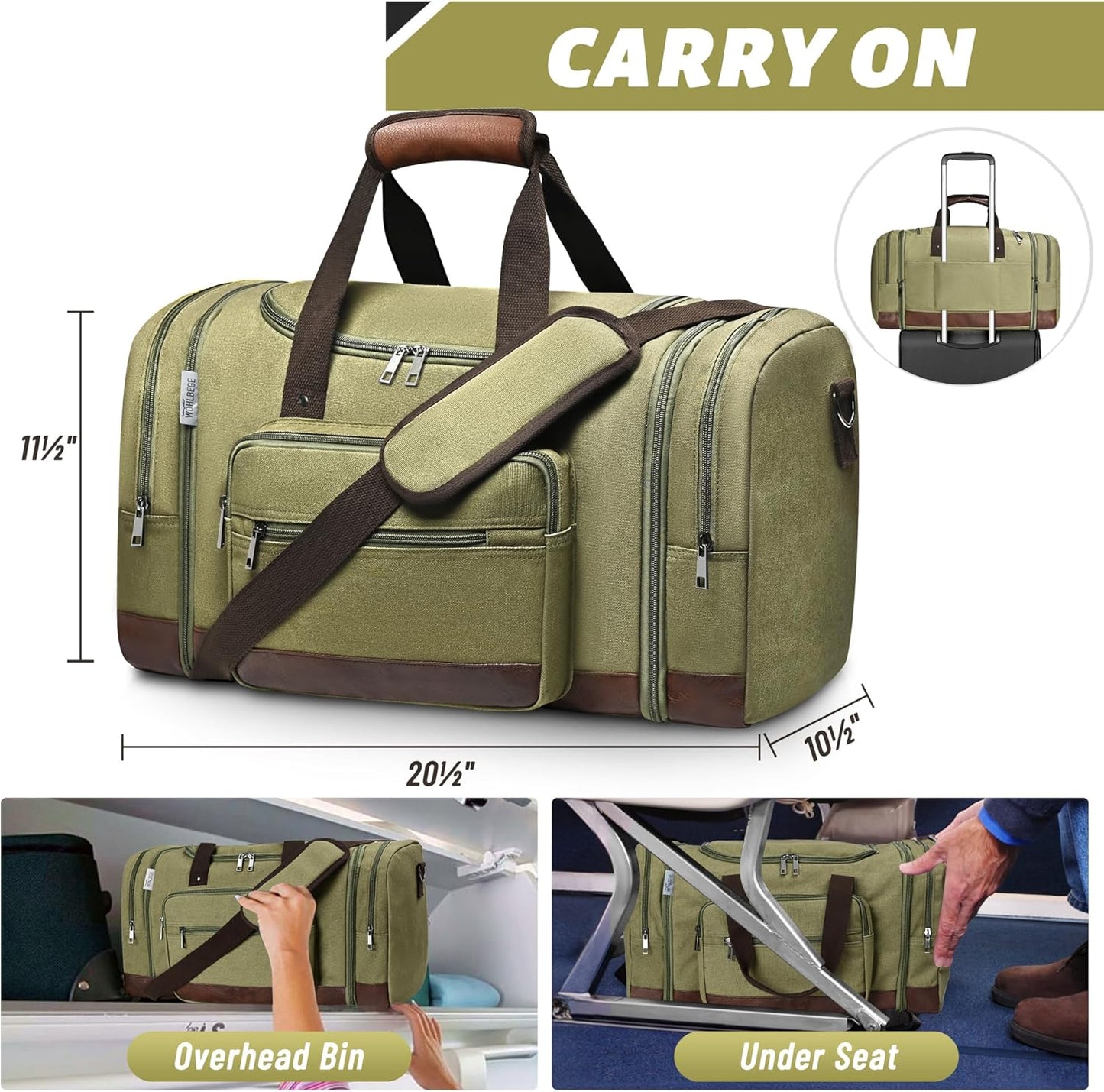 Wolhbege Duffle Bag for Travel,Mens Travel Bag & Carry On Bag for Men with Expandable Design and Luggage Sleeve –Duffel Bag for Gym, Weekender, Overnight Trips Green