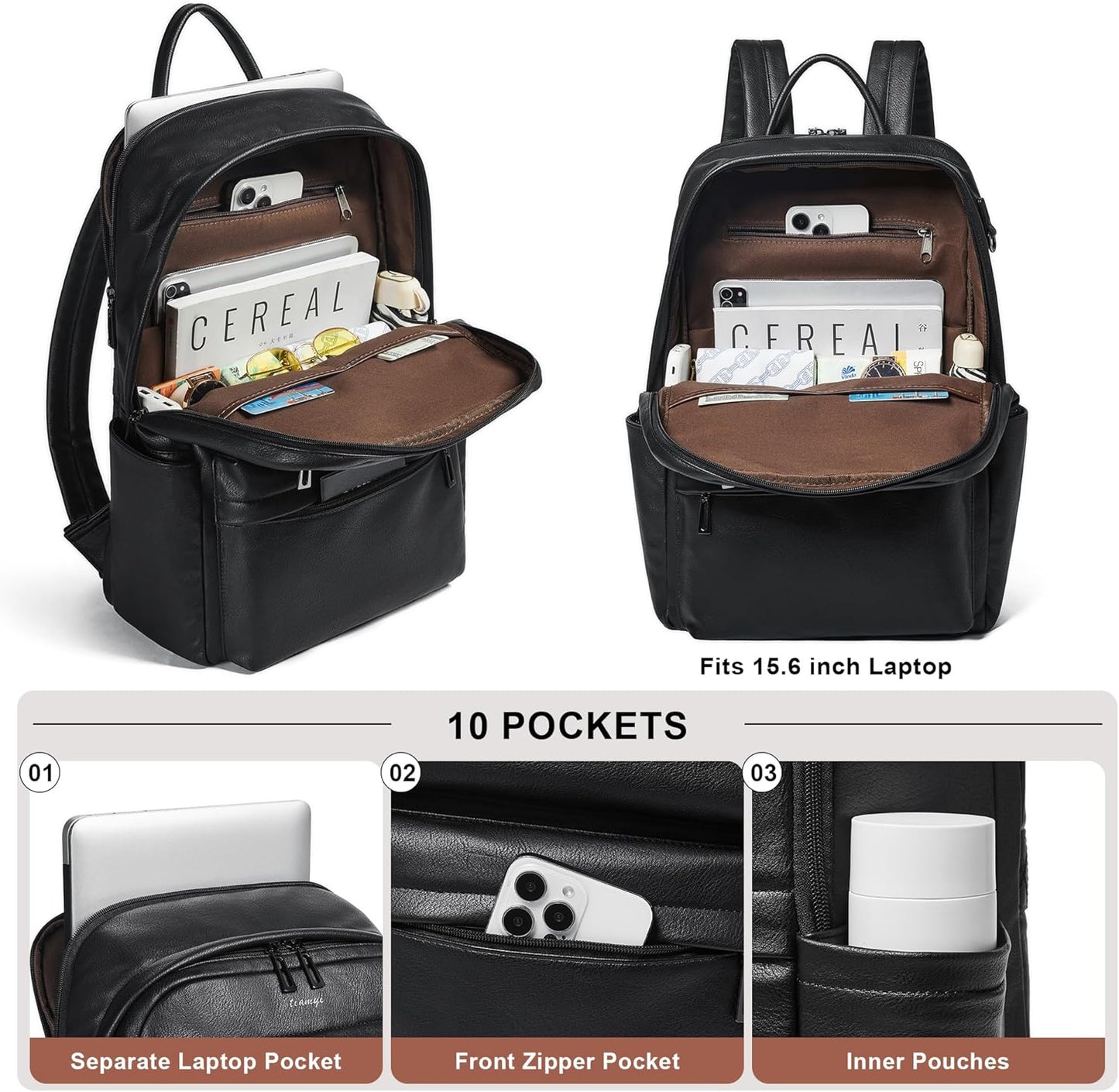Leather Laptop Backpack for Women, Fits 15.6 Inch Laptop, Leather Backpack with 2 Water Bottle Pockets, Hidden Zipper and Luggage Strap, Ideal for Work, Travel, College, Everyday Use, Black