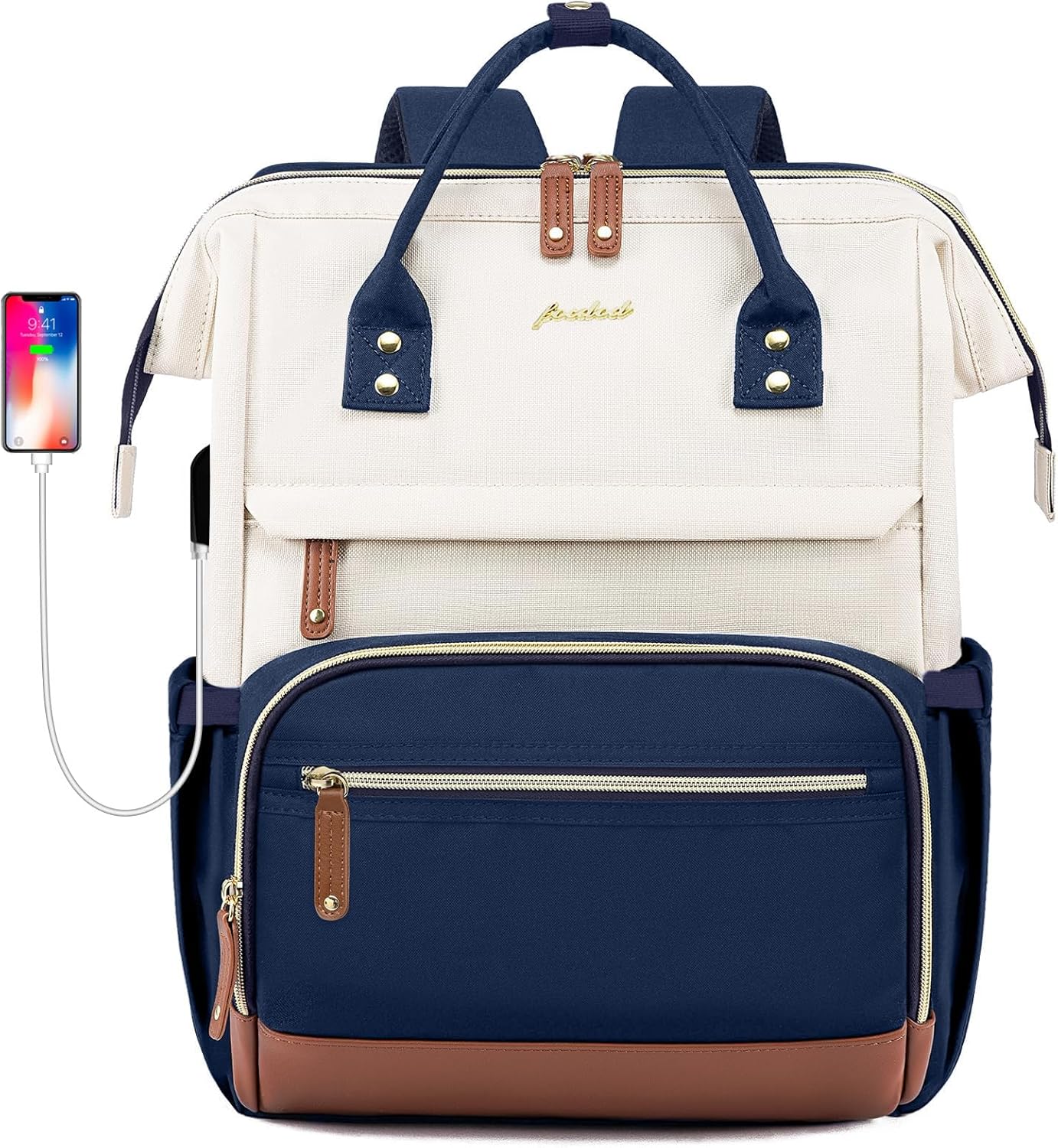 Laptop Backpack for Womem Work Bags: 17.3 Inch Travel BackPacks With USB Charging Port Anti Theft Fashion College BookBag Durable Back Pack Purse Bussiness Daypack for Nurse Teacher Navy Beige