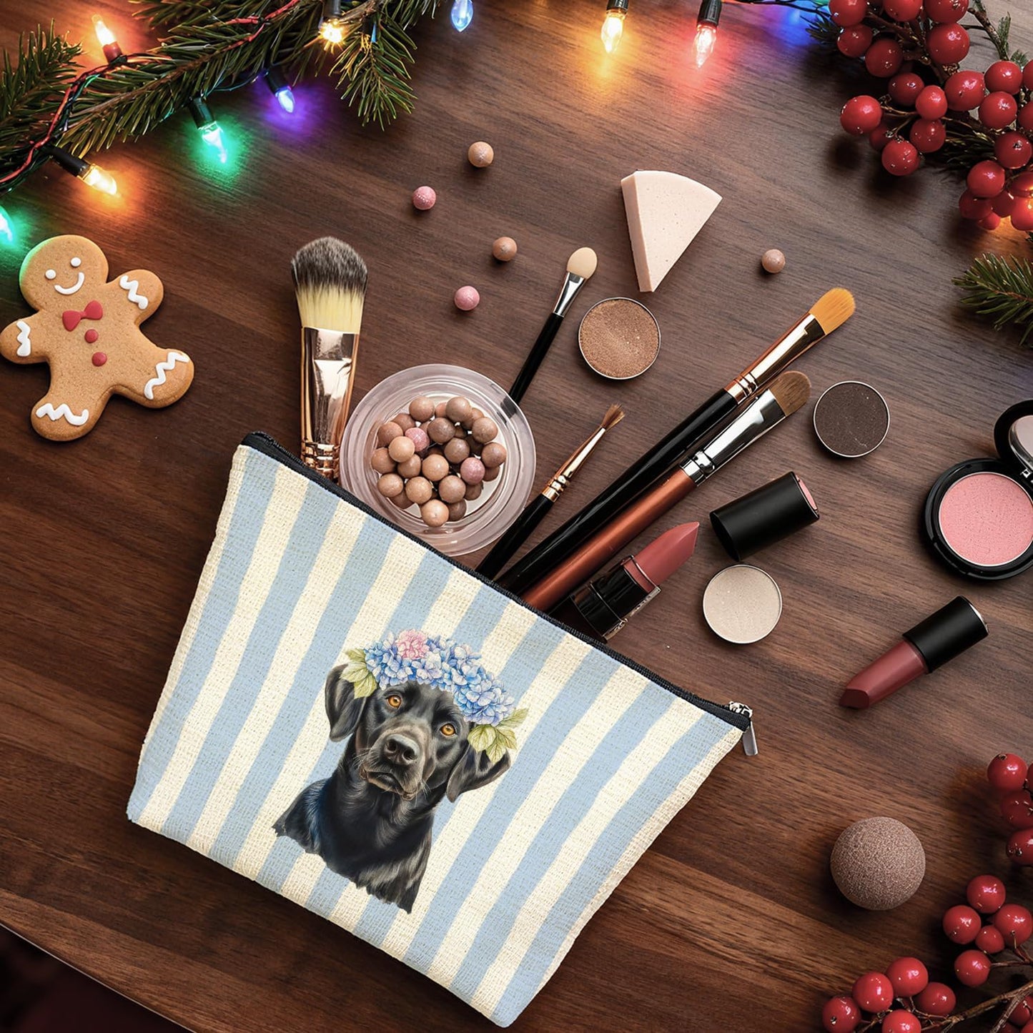 Blue Hydrangea Labrador Retriever Makeup Bag Gifts for Women, Black Labrador Gifts Cosmetic Bag, Blue Striped Lab Dog Zipper Makeup Pouch Travel Toiletry Bags