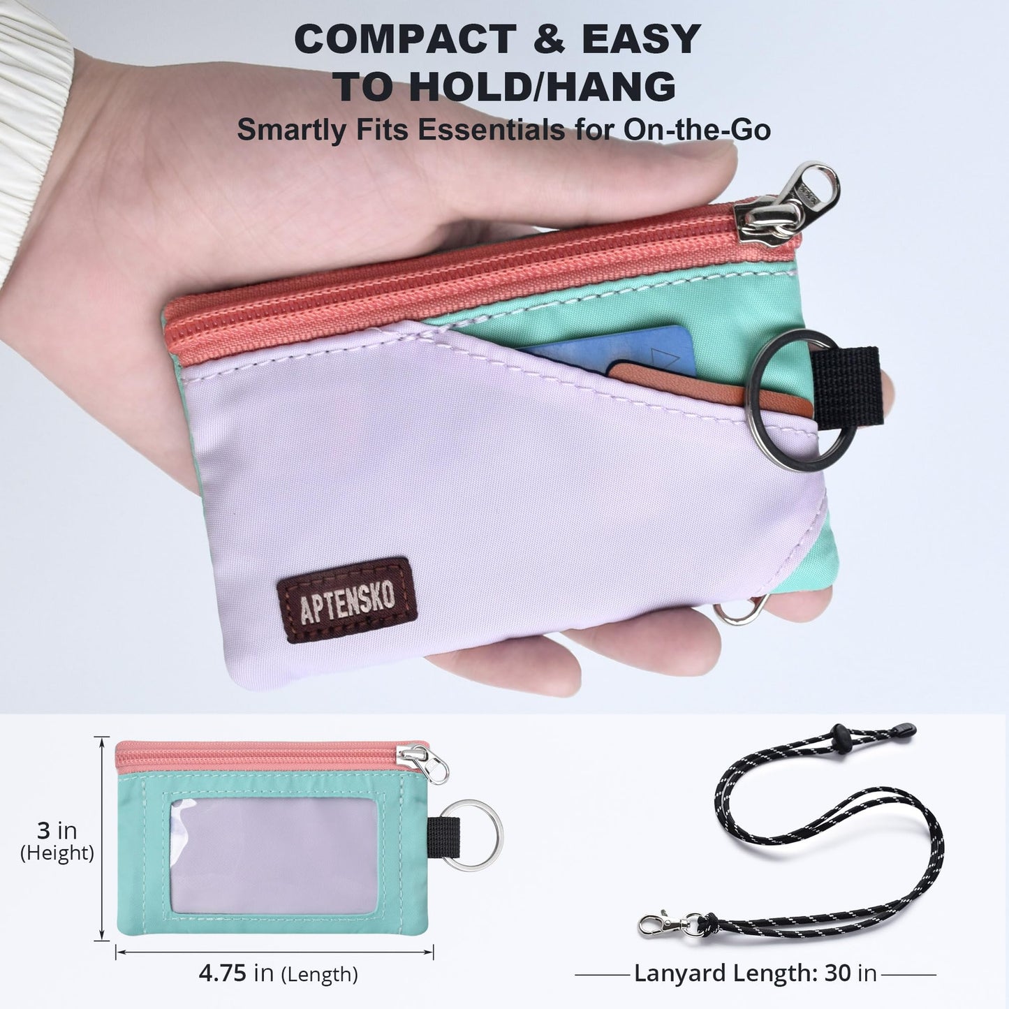 APTENSKO RFID Blocking Travel Wallet with Adjustable Lanyard, Small Nylon Zipper Pouch and Badge