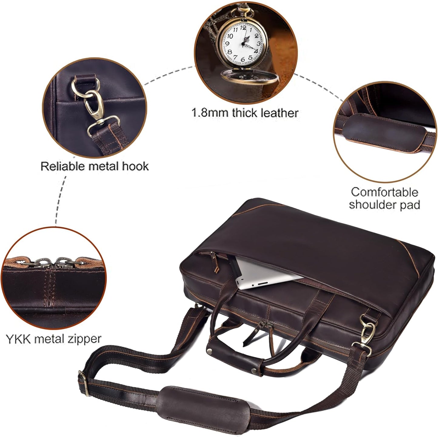 Full Grain Leather Slim Briefcase for Men Laptop Messenger Shoulder Brown Vintage Attache Computer Business Work Lawyer Bag