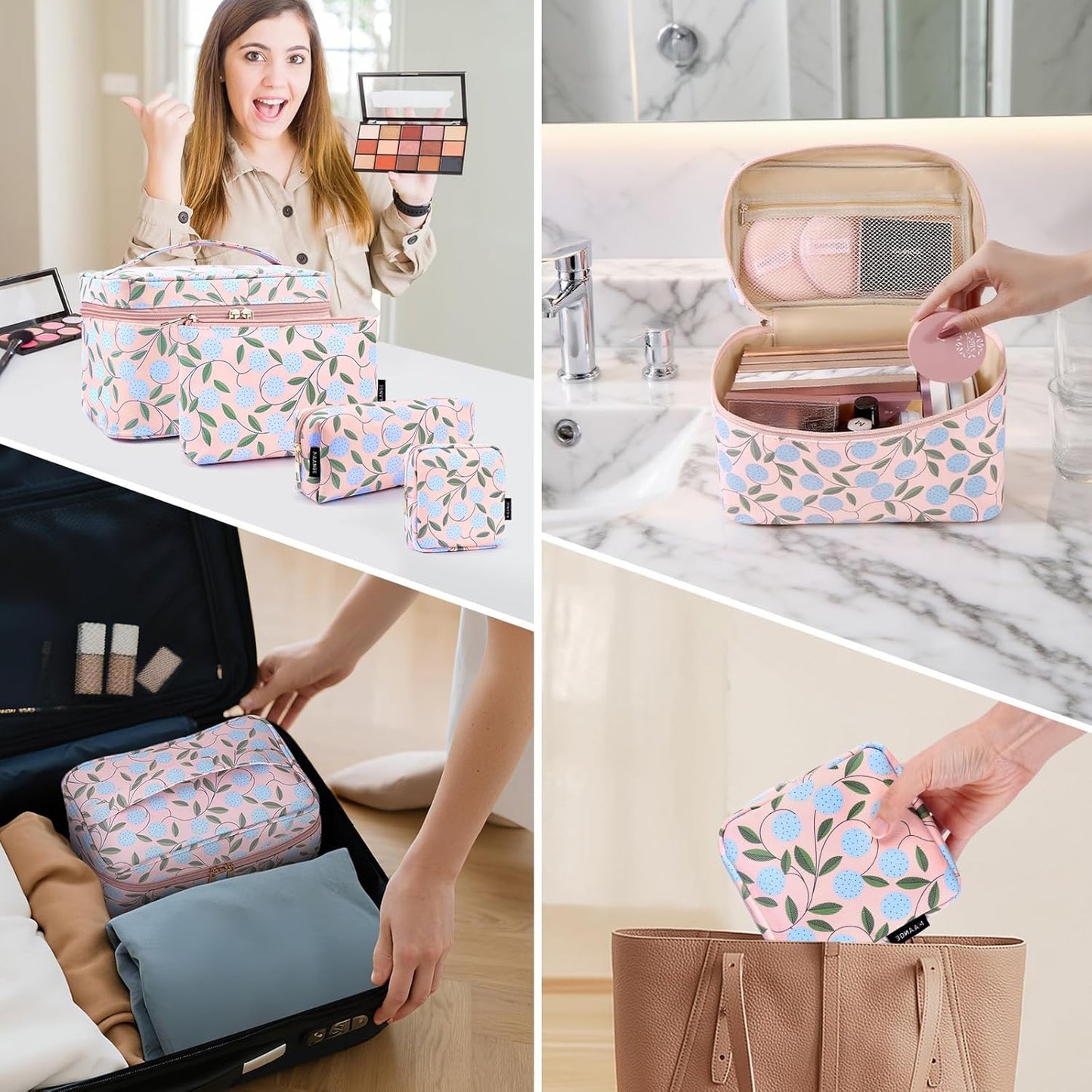 MAANGE 4PCS Makeup Bag for Women, Cosmetic Bag Set, Portable Large Travel Makeup Bag, Bolsa de Maquillaje, Impermeable Oxford Cloth Make Up Organizer with Gold Zipper(Pink Plants)