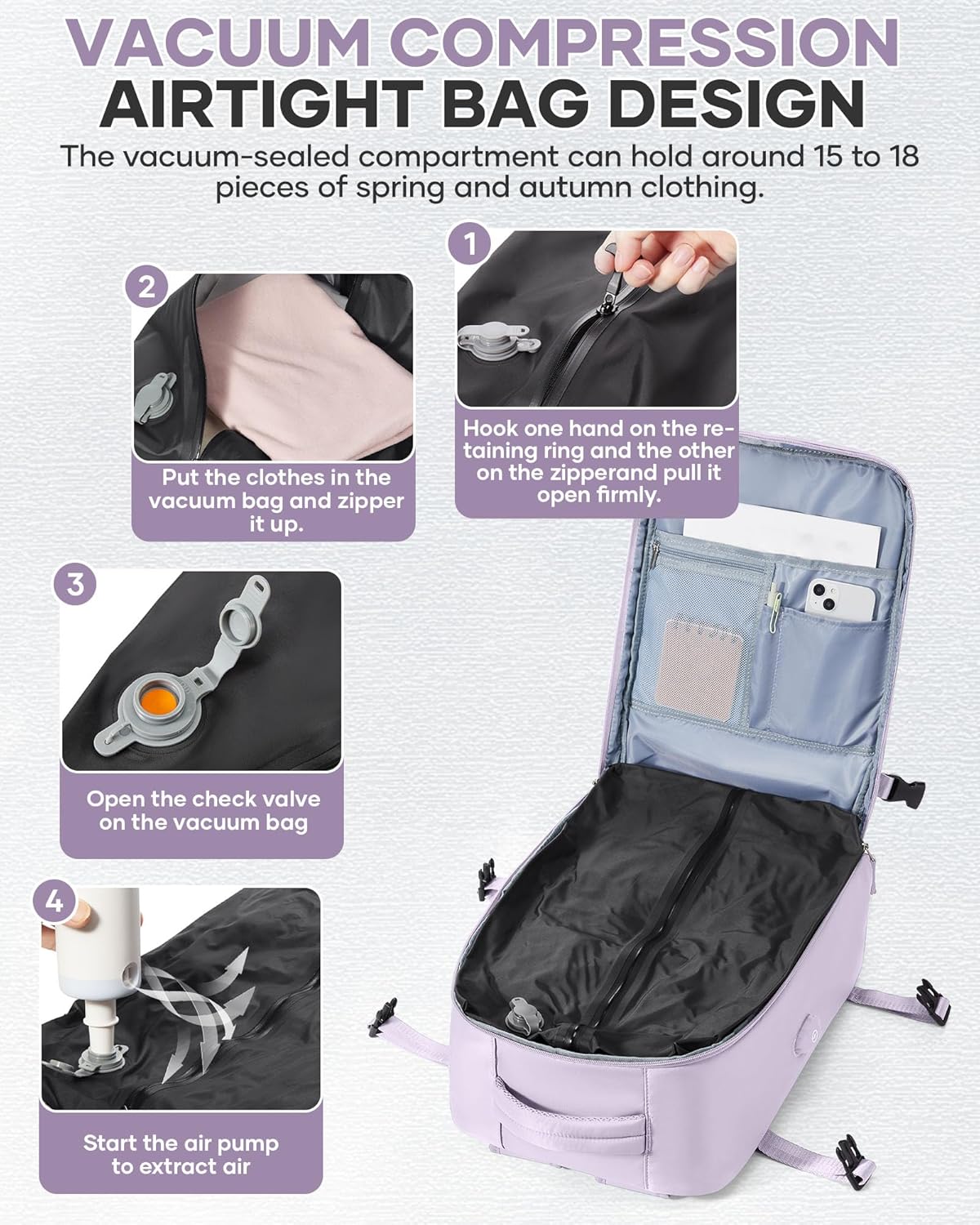 Vacuum Backpack Travel with Pump,Personal Item Travel Bag 18x14 x 8 Inches,Travel Backpack with Vacuum System for Women,Water Resistant Business Work Laptop Backpack,Purple