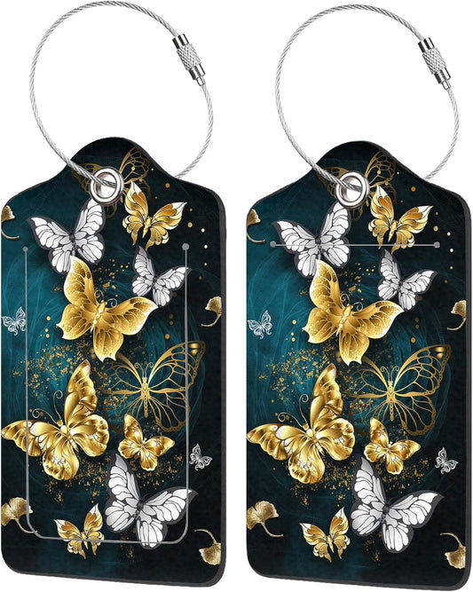 2 Pack Luggage Tag for Suitcase,Colorful Butterflies PU Leather Suitcase Tags Identifiers with Privacy Name Address Labels and Durable Steel Loop for Women Men Travel