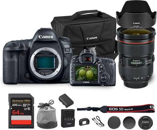 Canon EOS 5D Mark IV DSLR Camera 30.4MP Full Frame with 4K Video, Dual Pixel AF, Wi-Fi, GPS | Pro Photography Camera for Portraits, Landscapes, and Video + Canon EF 24-70mm Lens + Bag + 64GB Card