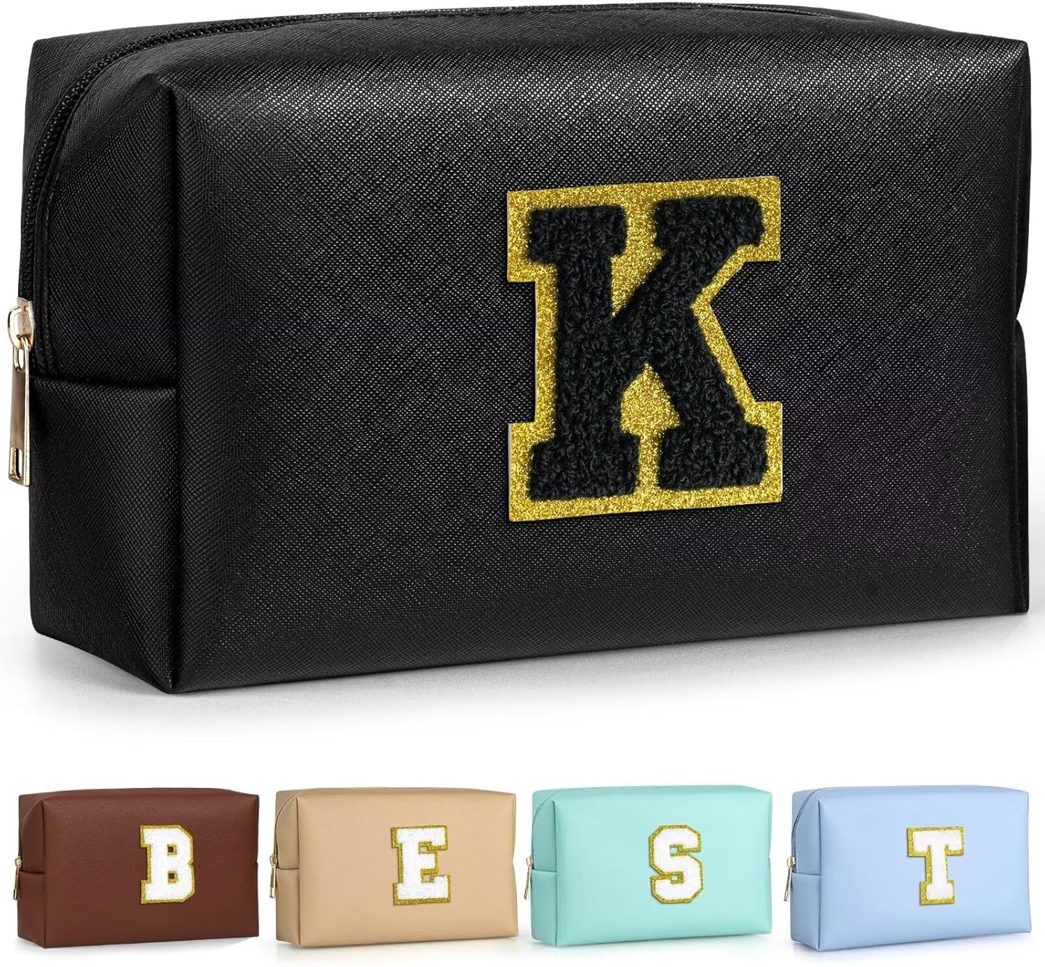 TOPEAST Initial Cosmetic Bag, PU Leather Waterproof Travel Toiletry Bag, Monogrammed Gifts for
