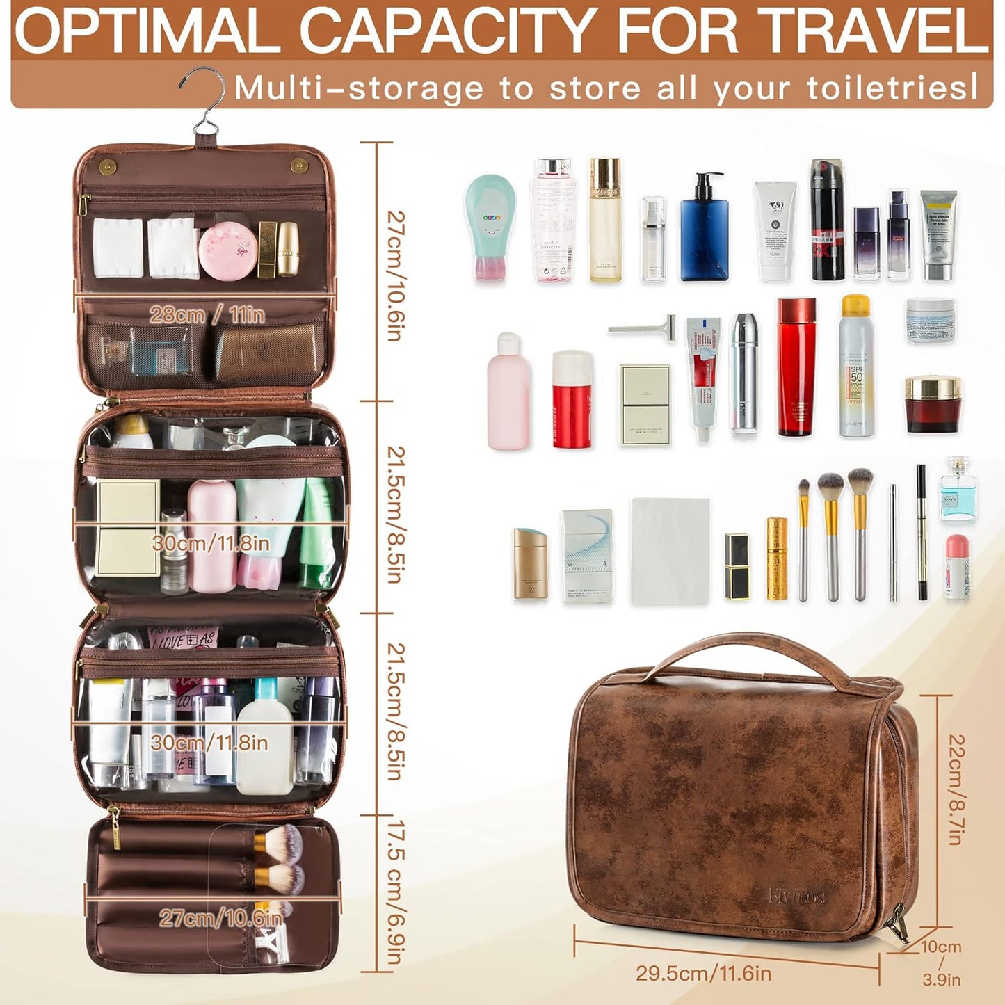 Elviros Hanging Travel Toiletry Bag Gift for Men，Mens Toiletries Bag Gifts Set Shaving Dopp Kit Water-resistant Bathroom Toiletries Organizer PU Leather Cosmetic Bags 2 Pack