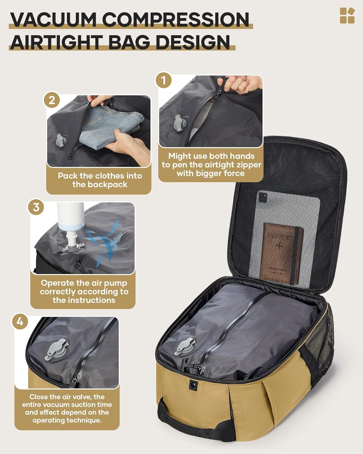 Vacuum Backpack Travel with Pump,Travel Backpack with Vacuum System,Vacuum Seal Compression Bags Clothing Vacpack,United Airlines Personal Item Bag 17x10x9,Laptop Backpacks,Yellow