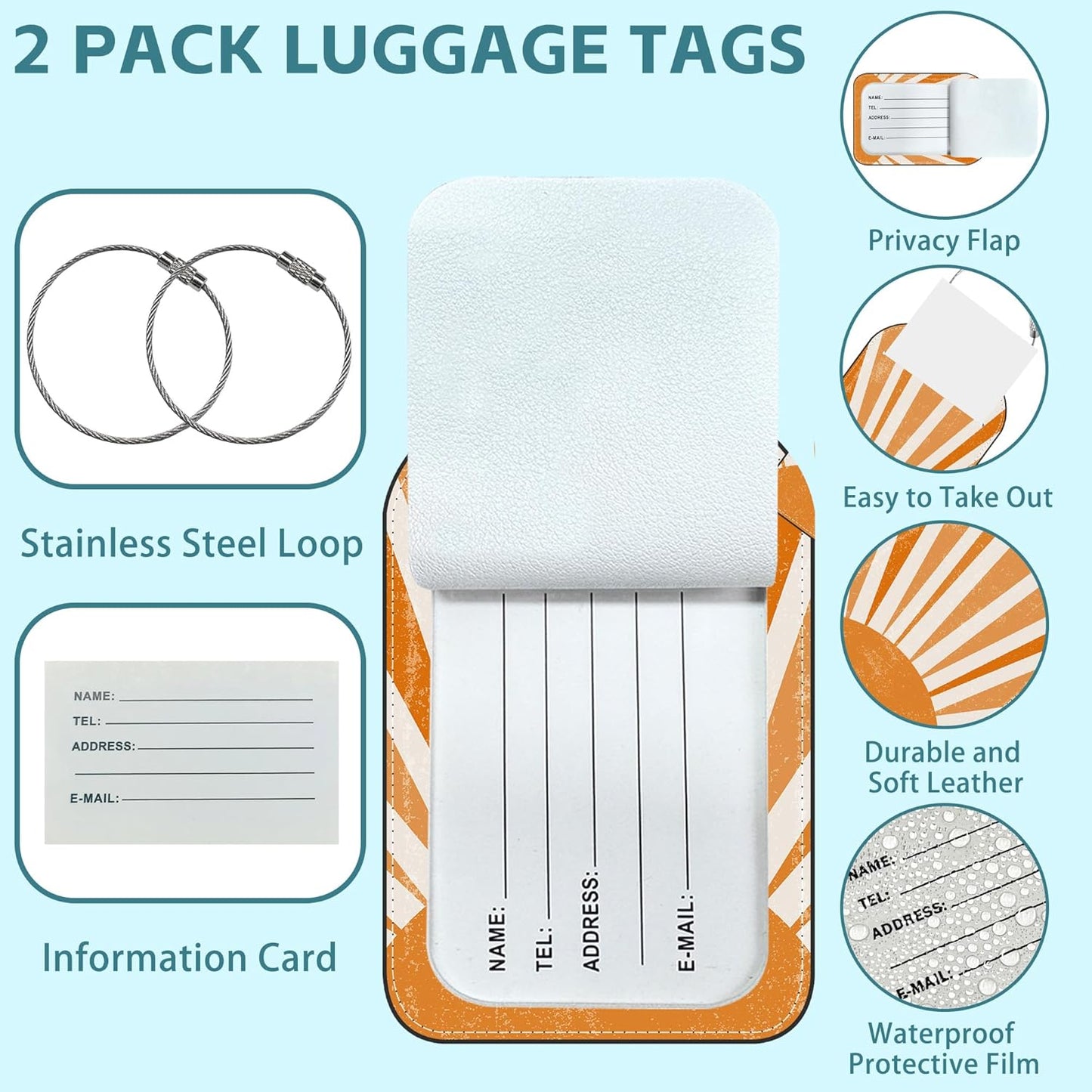 2 Pack Cute Luggage Tag for Suitcases Orange Sun Print Boho Leather Luggage Tags with Stainless Steel Loop Privacy Flap Name Tags,Men and Women Travel Bag Suitcase Tags