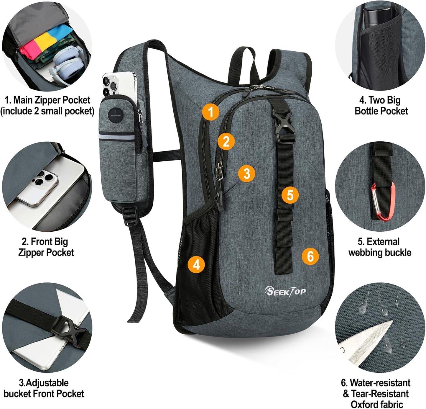 Seektop 15L Small Hiking Backpack for Women Men, Lightweight Hiking Packable Daypack with Phone Pocket for Travel Camping (Grey, 15L)