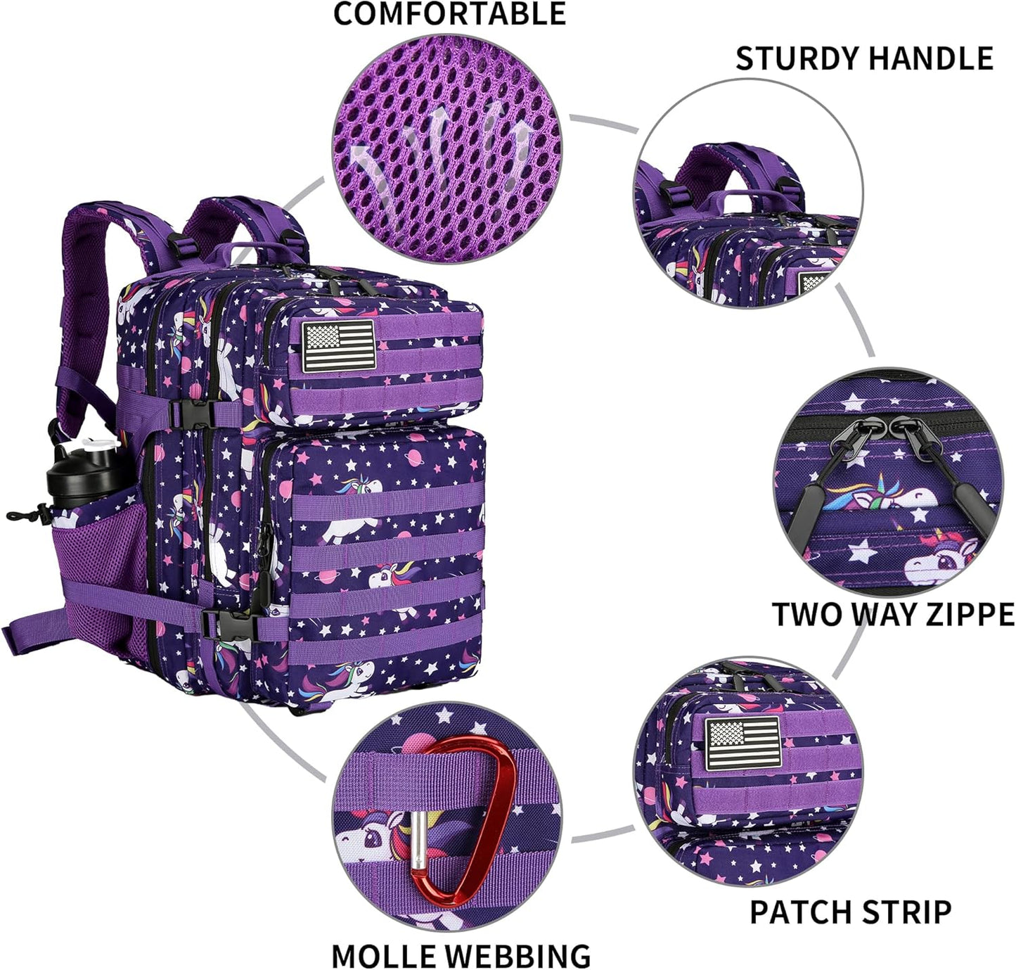 25L Tactical Military Backpack Small Travel Rucksack for Men and Women Assault Pack Bug Out Bag Molle Daypack Gym Backpack with Bottle Holder (Purple Pony)