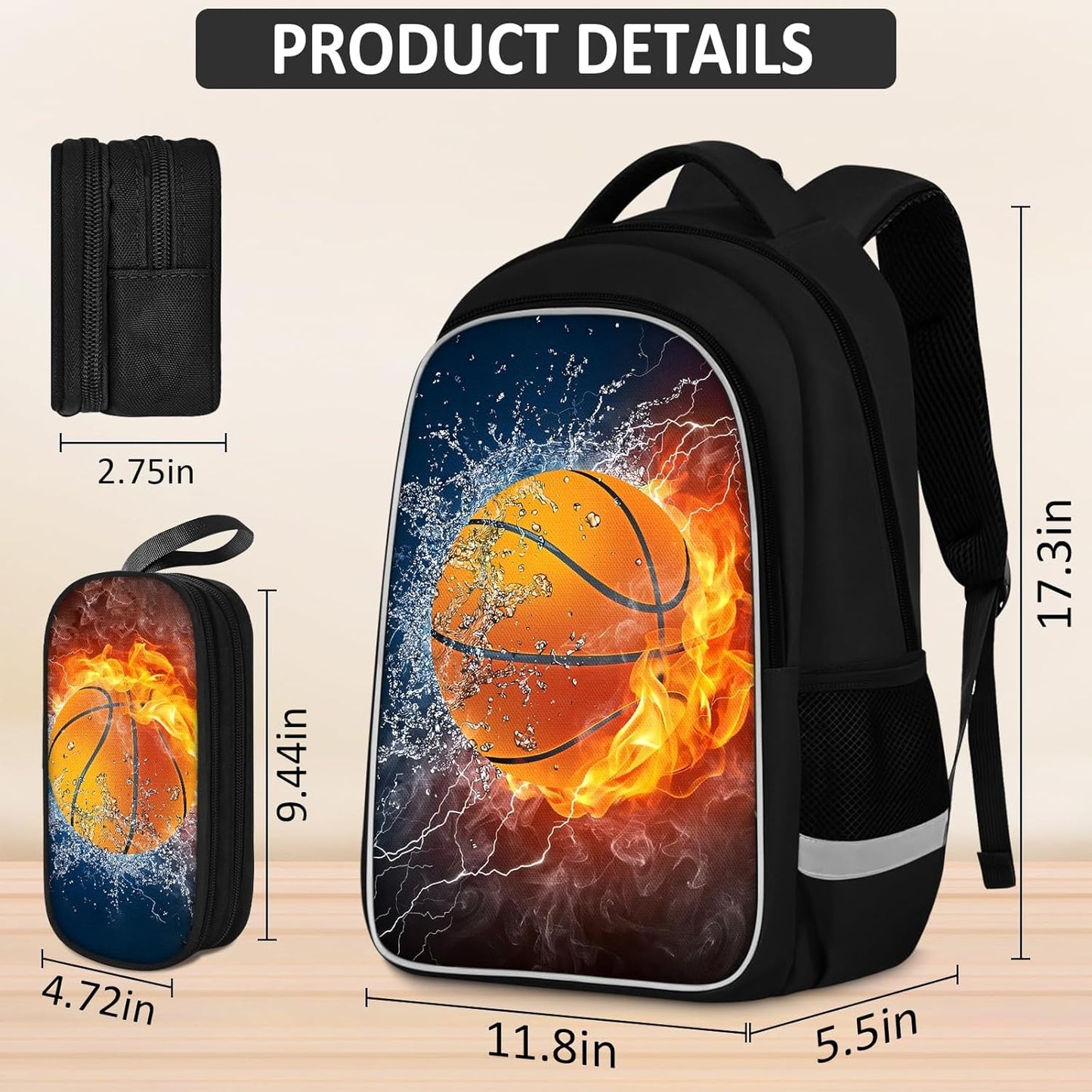 School Backpack for Boys - 4pcs Basketball Boys Backpack with Lunch Box and Pencil Case for Kids Children Teens Elementary Middle School - Students Bag for Ages 6-18,17″Bookbag Travel Back Pack