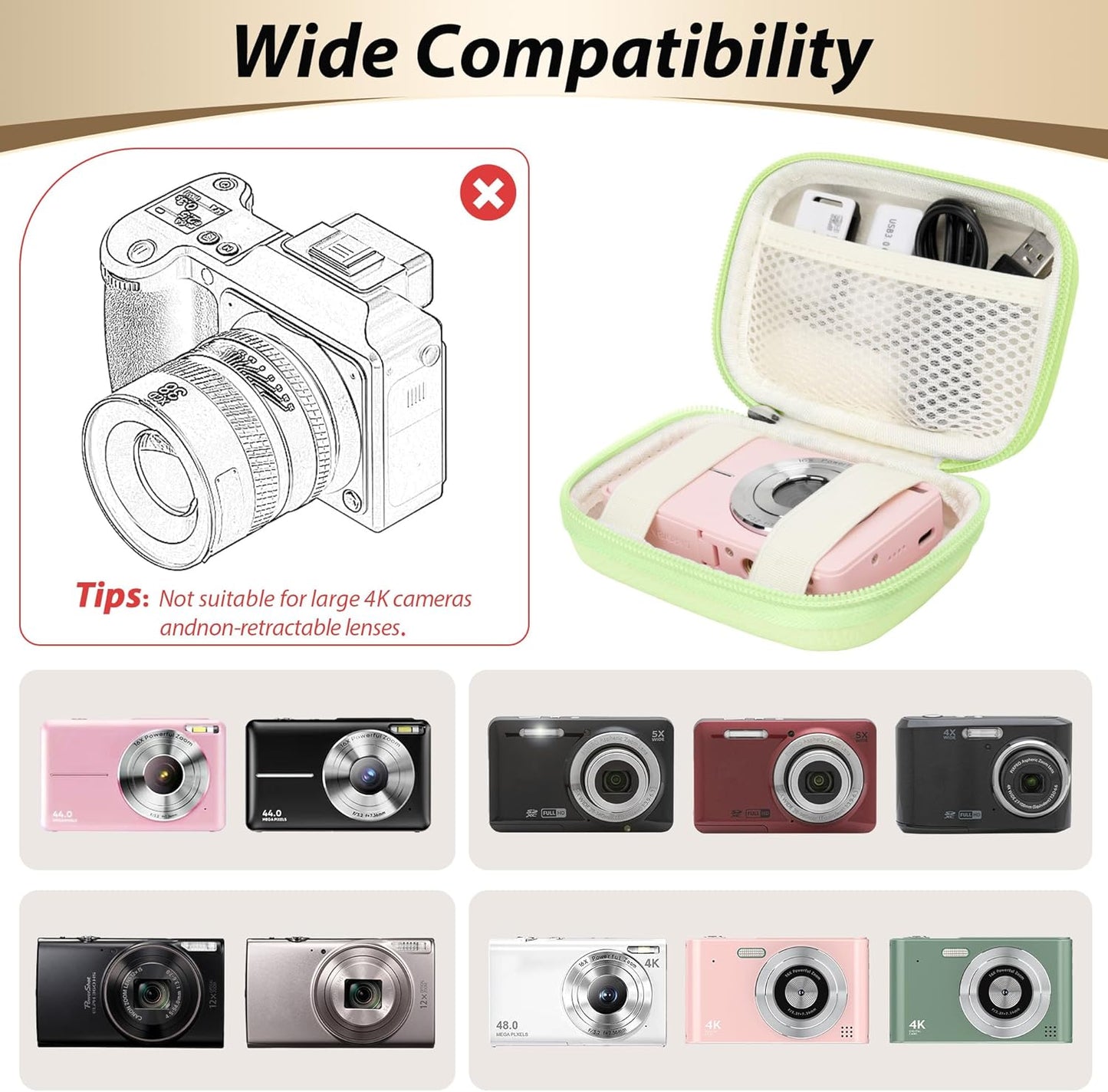 Digital Camera Case for CAMKORY, KODAK PIXPRO FZ45/FZ55, Canon IXUS 285 HS, Lecran, Small Travel Compact Camera Holder with Mesh Pocket for Accessories SD Card (Pink)