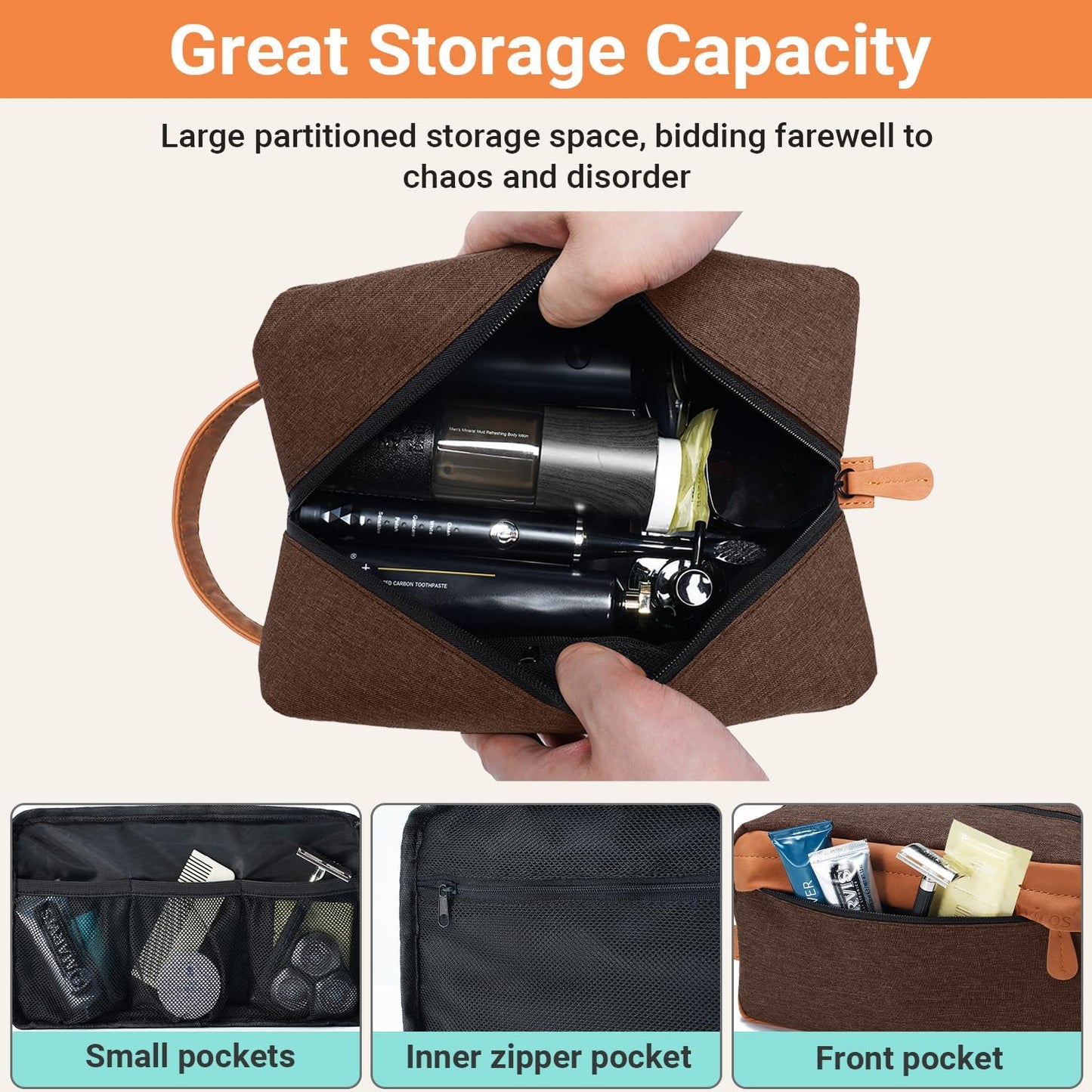 Elviros Travel Toiletry Bag for Men, Hanging Dopp Kit and Shaving Pouch, Waterproof PU Leather Mens Toiletry Travel Bag, Brown