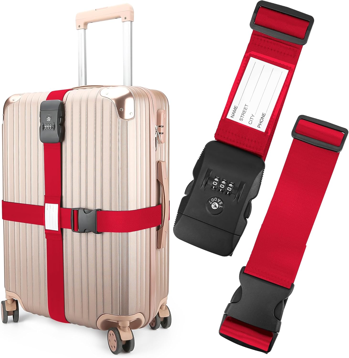 Luggage Straps, Red TSA Approved Luggage Strap Belt with Combination Lock for Suitcases, 2 Pack