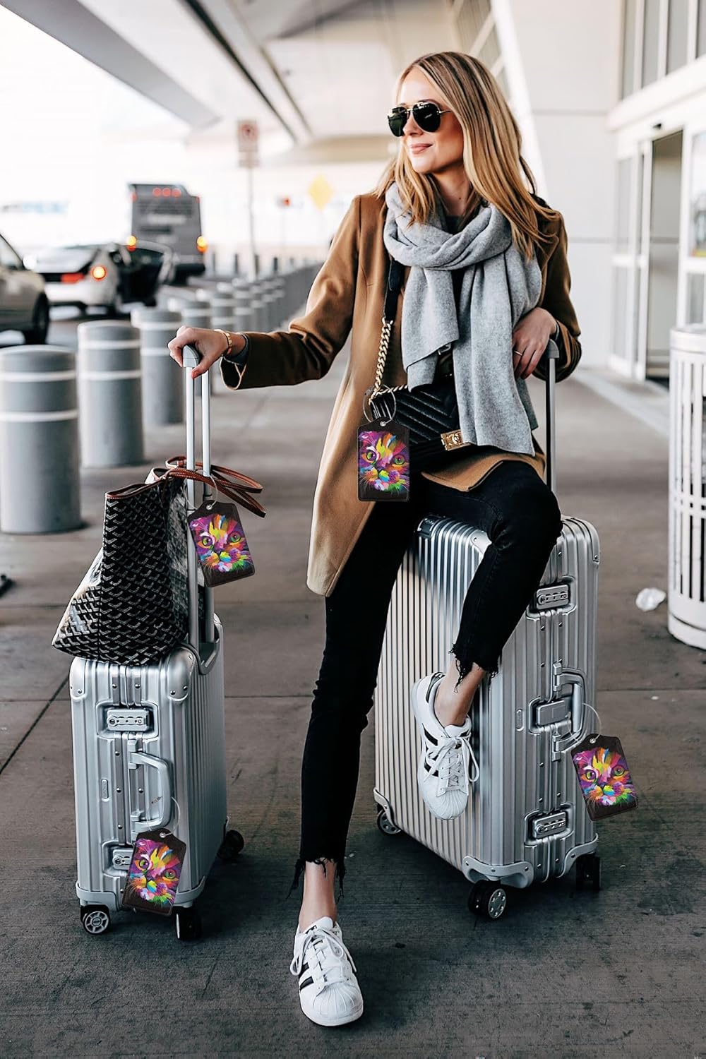 2 Pack Colorful Art Kitten Animal Luggage Tags Travel PU Cute Cat Leather Luggage Tag Name ID Labels with Privacy Cover Suitcases Women Men Girls Boys Fun Laggage Tags(Colorful Cats)