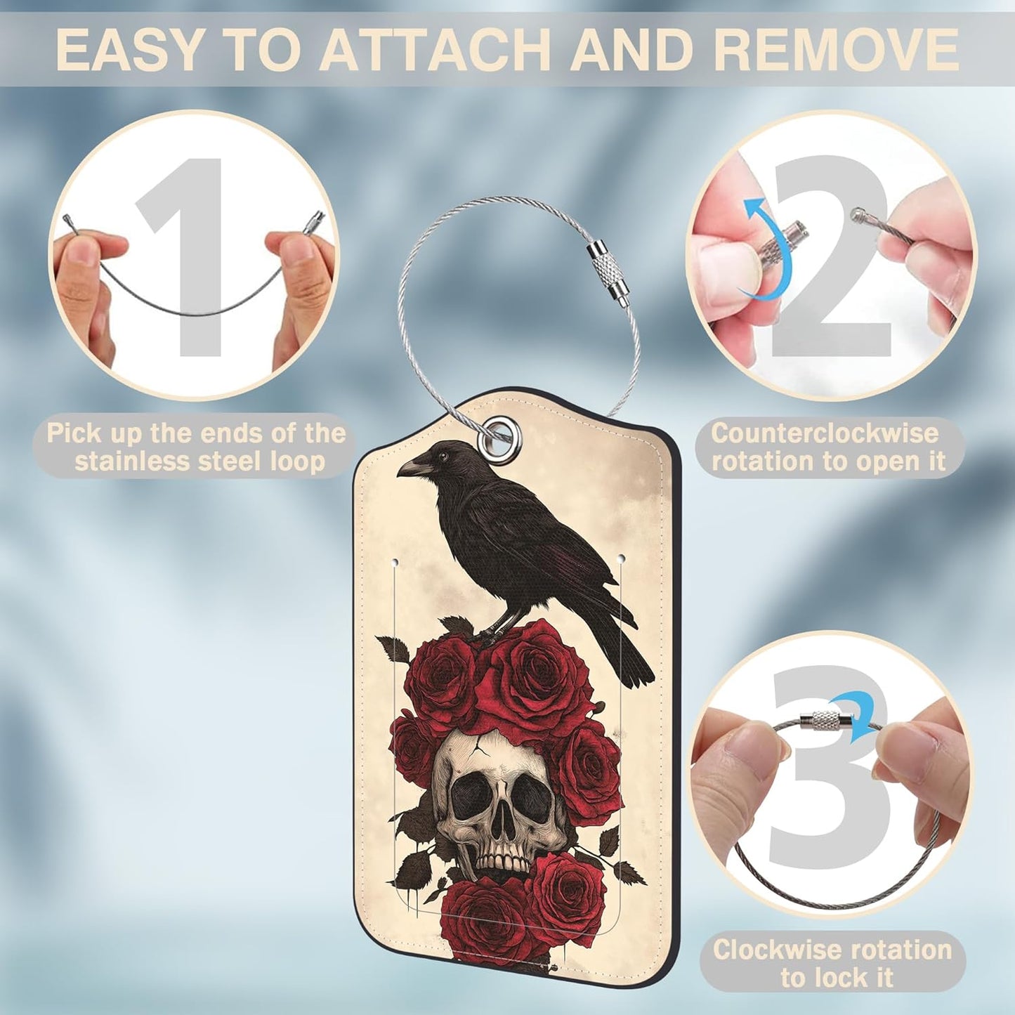 2 Pcs Raven on Rose Skull Luggage Tags for Suitcases PU Leather Baggage Tags Name ID Label with Privacy Cover and Stainless Steel Loop for Men Women Travel Bag Suitcase