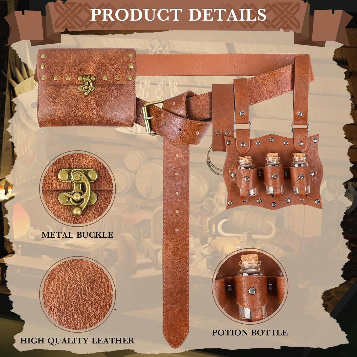 Renaissance Costume Accessories Belt Pouch Medieval Belt Bag Viking Waist Bag Potion Bottles Pirate for Cosplay Festival LARP Halloween Women Men Christmas Gifts
