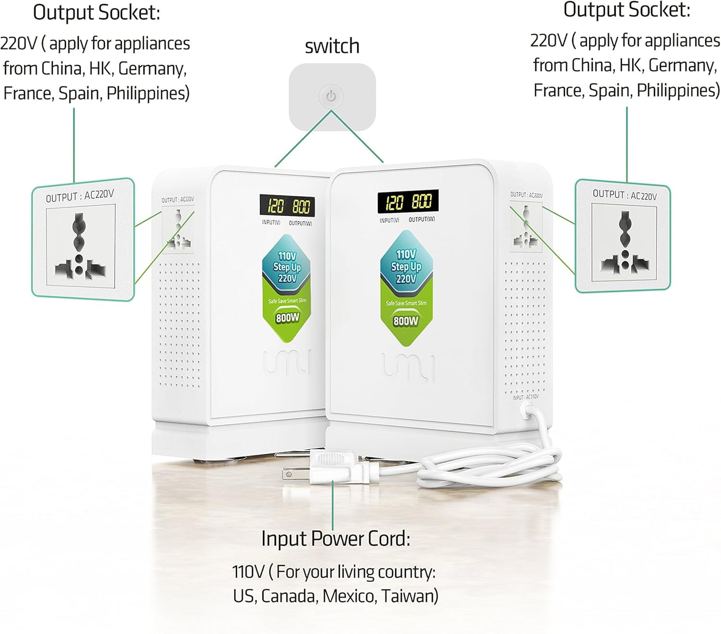 UMI Step Up 110v to 220v Voltage Converter 800W for Europe and Asia 220-240V Appliance Use in US Canada Mexico - Power Transformer