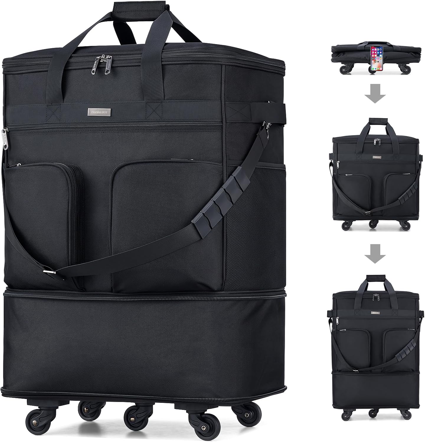 Hanke Expandable Collapsible Luggage with Wheels, Black Upgrade Version 2, 98L, Water-Resistant, 5 Spinner Wheels, 3 Pockets, Polyester, 19x13x27.2 inches, 6.1lb, Carry-On Luggage, Travel, Vacation