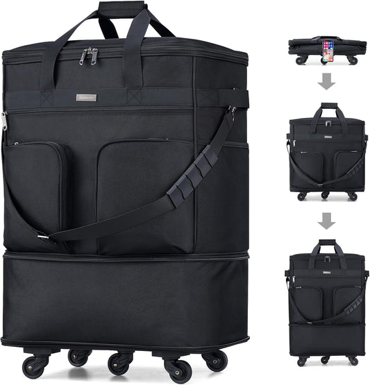 Hanke Expandable Collapsible Luggage with Wheels, Black Upgrade Version 2, 98L, Water-Resistant, 5 Spinner Wheels, 3 Pockets, Polyester, 19x13x27.2 inches, 6.1lb, Carry-On Luggage, Travel, Vacation