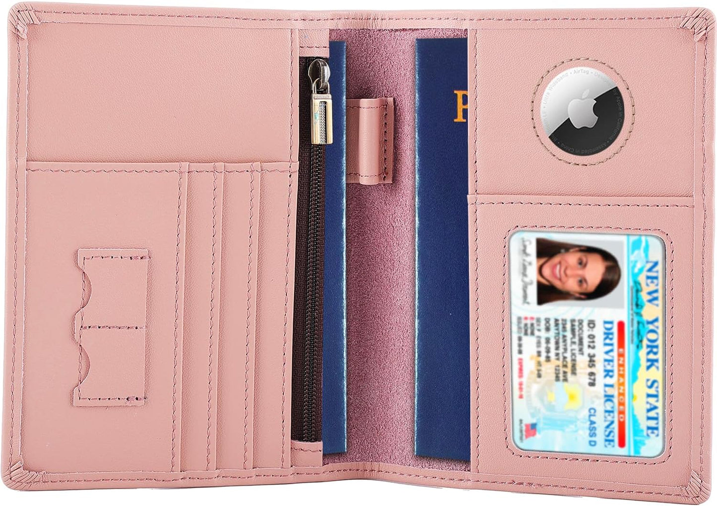 STAR VISTA Phoenix Leather Passport Holder, Calfskin Leather Travel Wallet - RFID Blocking, ID Window, Zipper Pocket, Pen & Notebook Included, AirTag Holder, Pale Pink