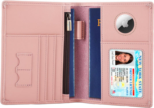 STAR VISTA Phoenix Leather Passport Holder, Calfskin Leather Travel Wallet - RFID Blocking, ID Window, Zipper Pocket, Pen & Notebook Included, AirTag Holder, Pale Pink