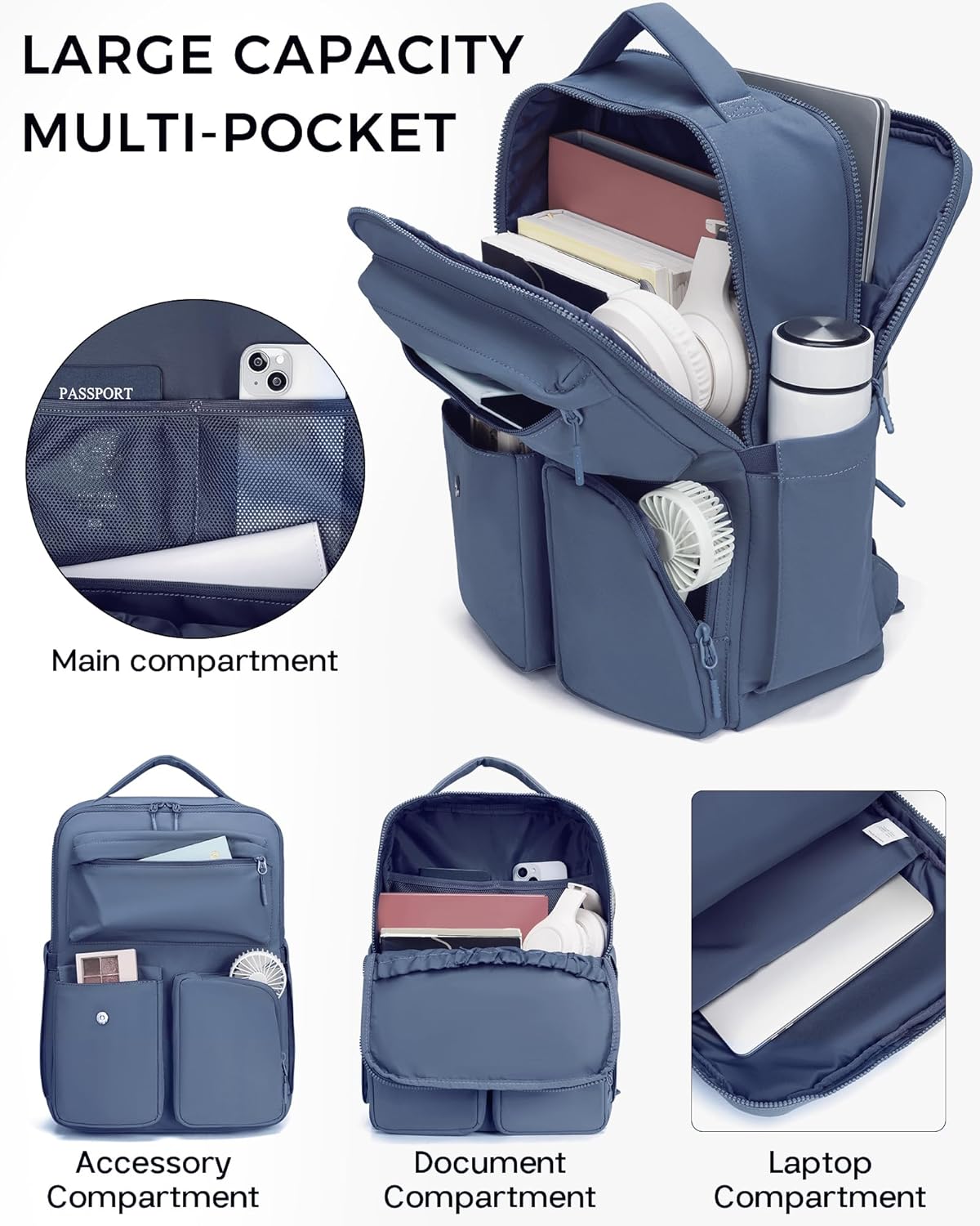 FODOKO Backpack for Work, Casual Backpack for Women Men Daypack Backpack for Travel College Bookbag Separate Compartment for 15.6 Inch Notebook Asy Blue