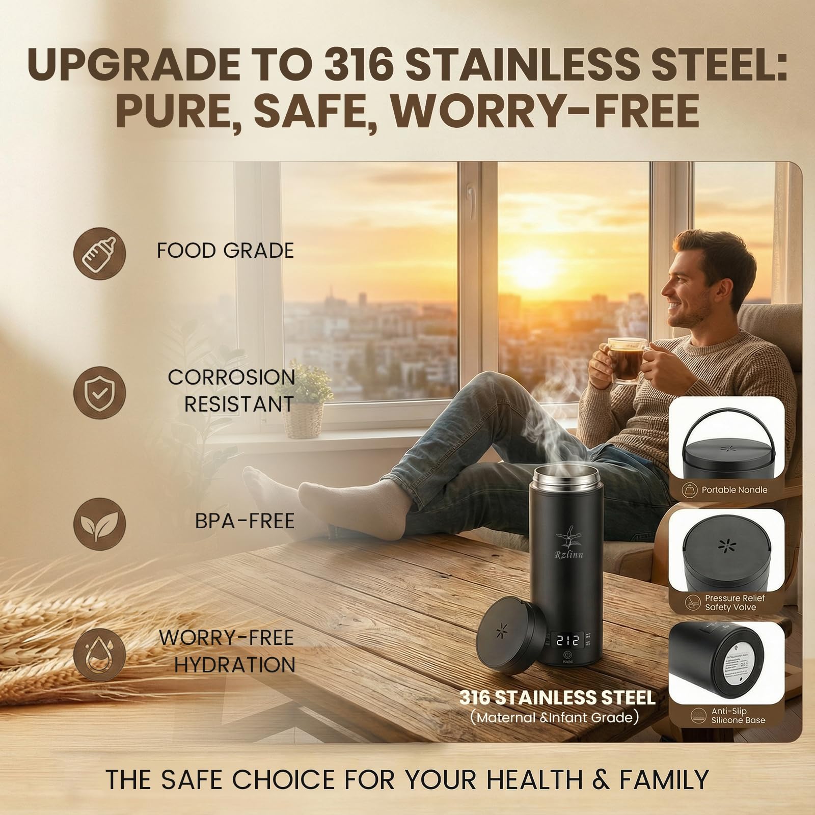 Rzlinn Portable Electric Kettle （120V）, Travel Tea Kettle, 316 Stainless Steel Premium Liner