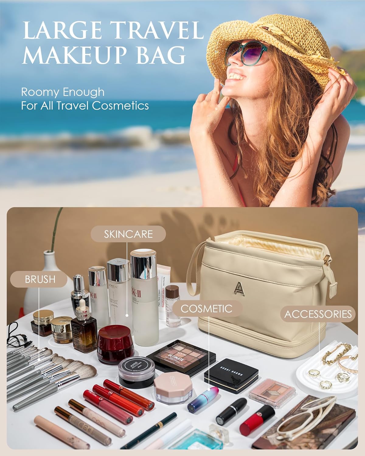 Gifts for Her - Initial Large Makeup Bags, Personalized Double Layer Cosmetic Bags with Makeup