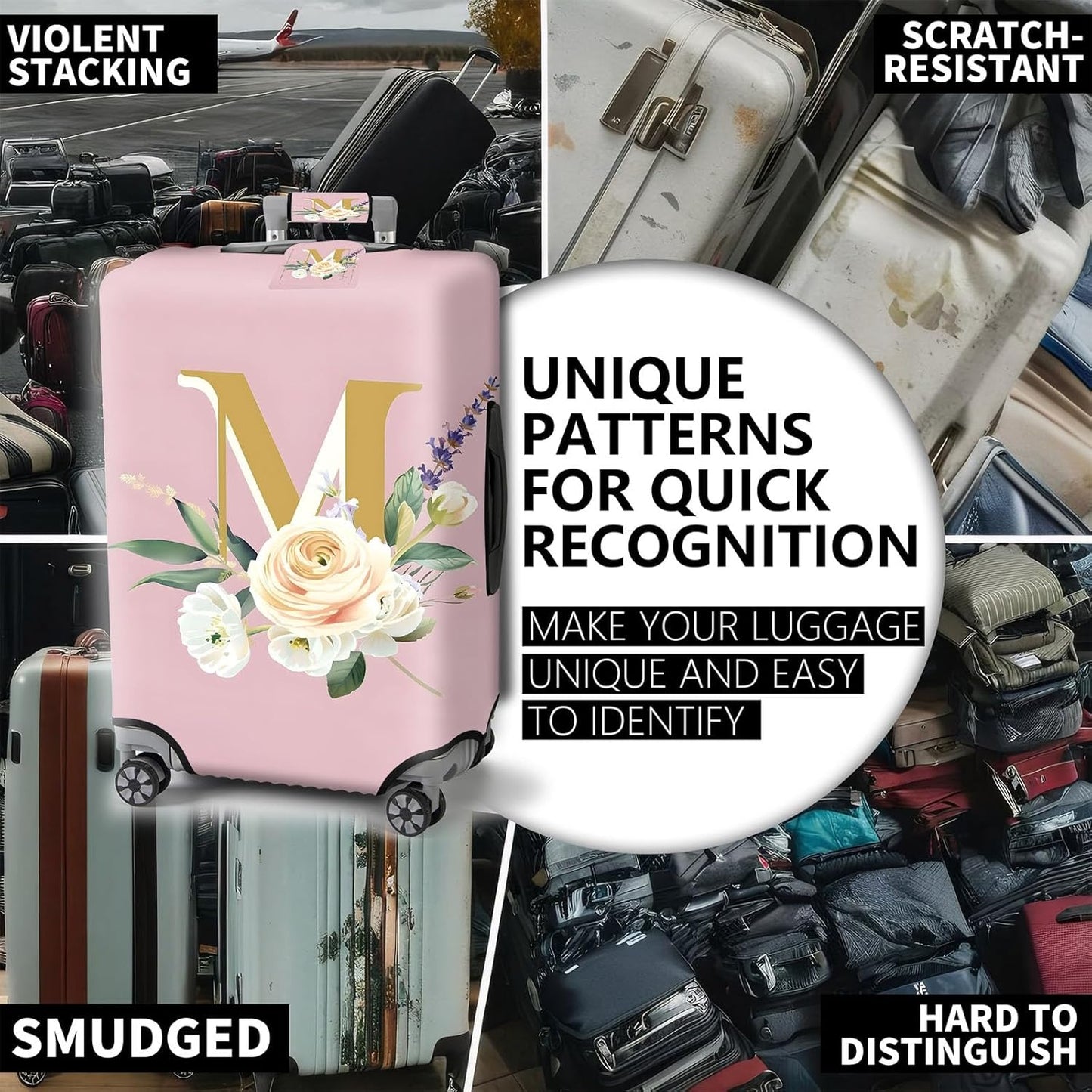 Travel Luggage Cover,Floral Letter M Theme Suitcase Cover Accessory Kit, Luggage Tag, and Comfortable Luggage Handle Wrap, Washable Zipper Close Luggage Suitcase Protector (18-20 inch,S)