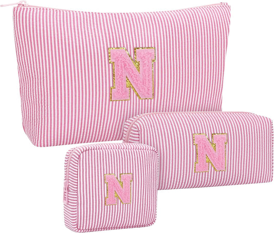 Initial Makeup Bag Cosmetic Case Bridal Shower Gifts - Bridesmaid Bag,Bridesmaid Proposal Gifts for Wedding Day,Maid Matron of Honor Gift, Bride to be Gifts,Bachelorette Party Favors,3PCS,Pink N
