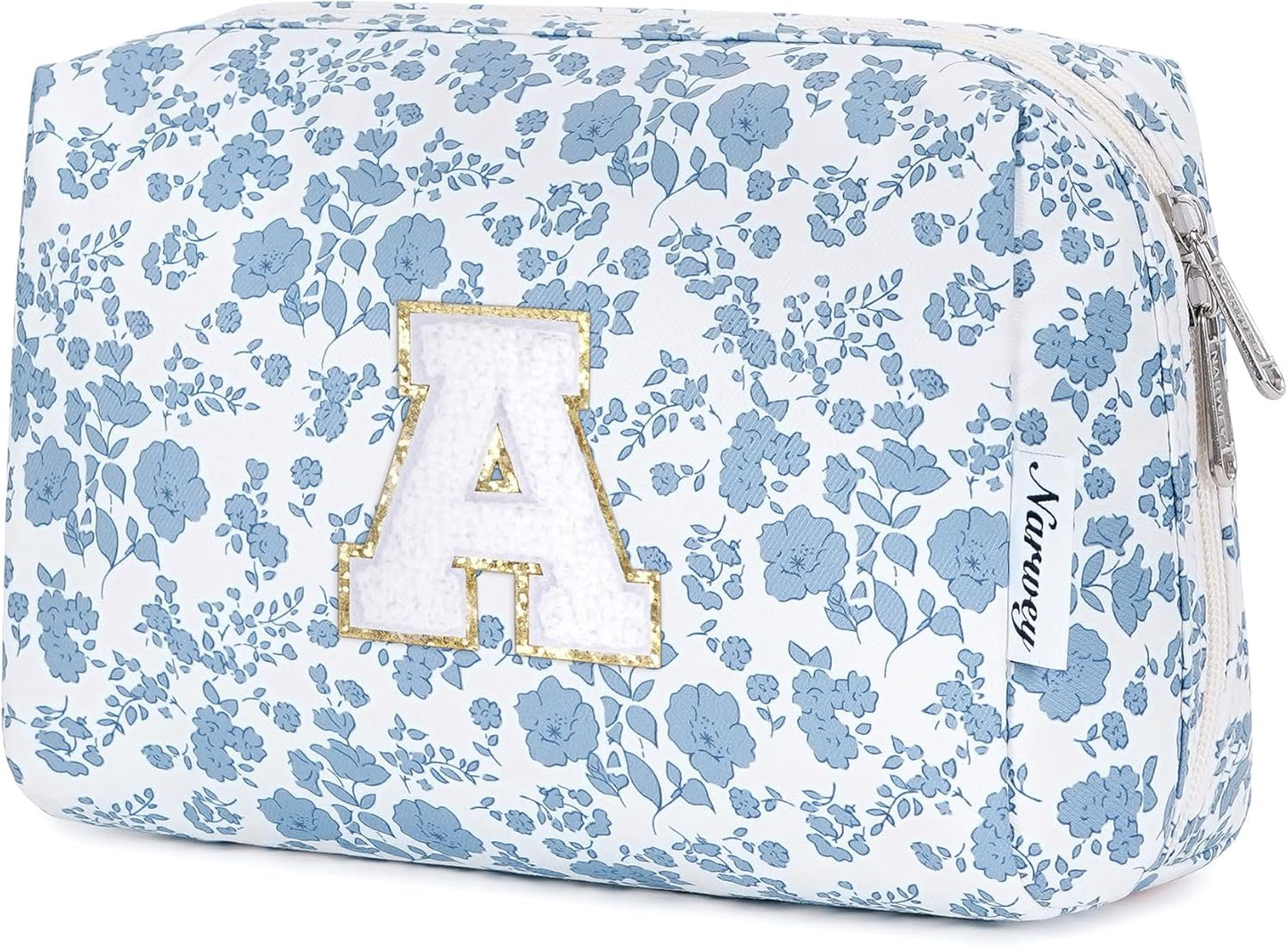Narwey Christmas Gifts for Teen Girls Kids Women Personalized Initial Floral Makeup Bag Cute Cosmetic Trendy Stuff 6 8 10 11 12 13 14 16 18 Years Old Travel Toiletry Bag (Little Blue Flower A)