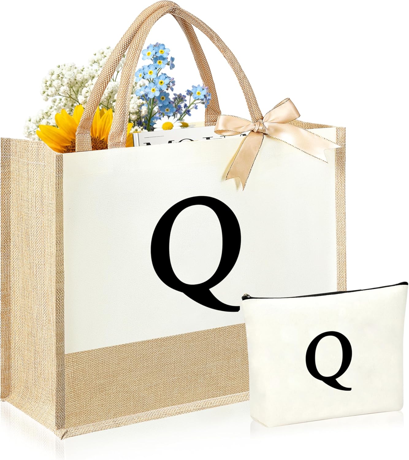 Initial Canvas Tote Bag & Makeup Bag for Women Teacher Bridesmaids，Personalized Present for Wedding, Birthday, Beach