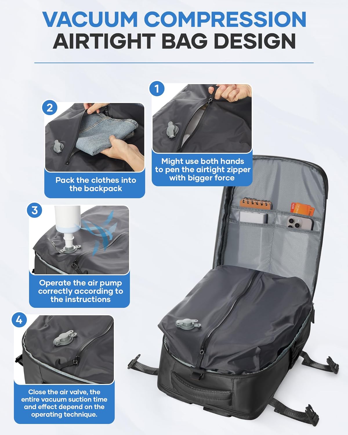 Vacuum Backpack Travel with Pump,Travel Backpack with Vacuum System, Shoe Compartment, United Airlines Personal Item Bag 17x10x9,Mochila compresion al vacio,Black