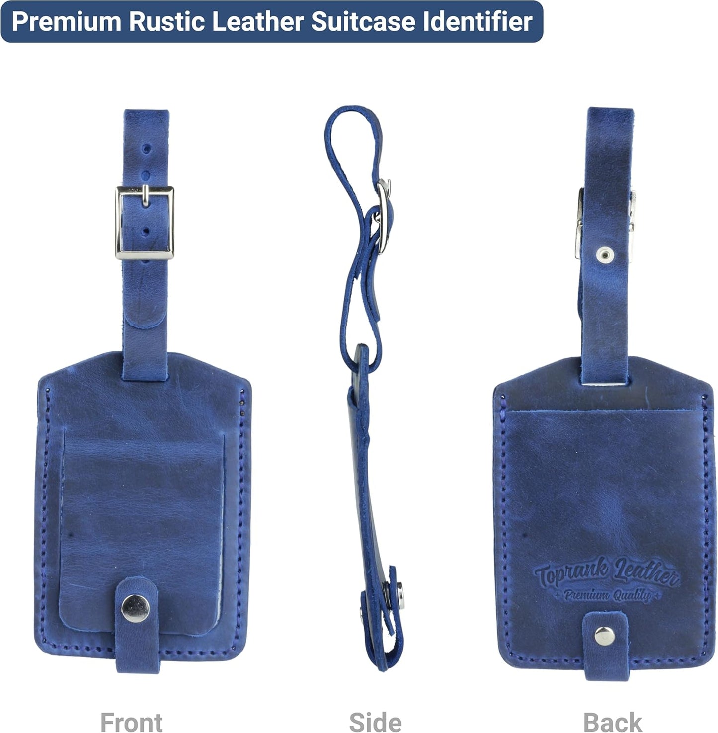 Toprank Leather Genuine Luggage Tags – Durable Leather Bag Tags for Travel, Baggage & Accessories (Blue)