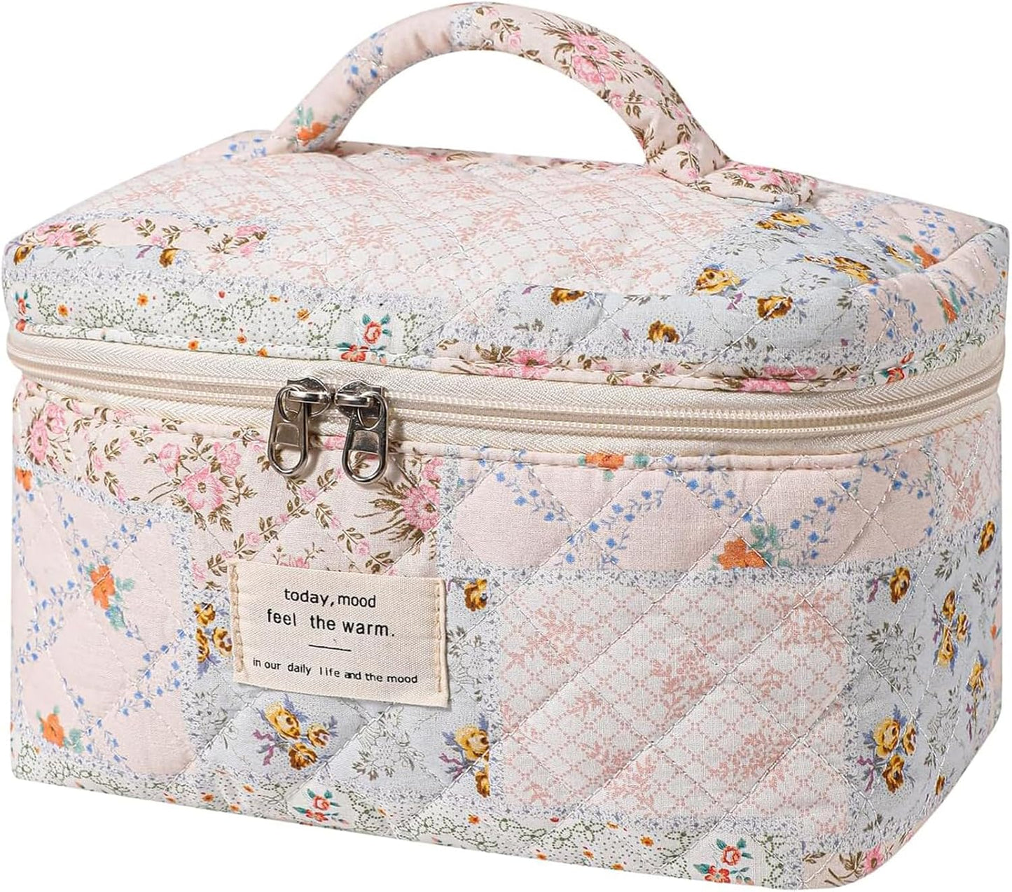 Quilted Makeup Bag, Large Makeup Bag, Cute Cosmetic Bag for Women Girls, Floral Coquette Aesthetic Patchwork Travel Toiletry Make Up Organizer Bag-Bees&Flower
