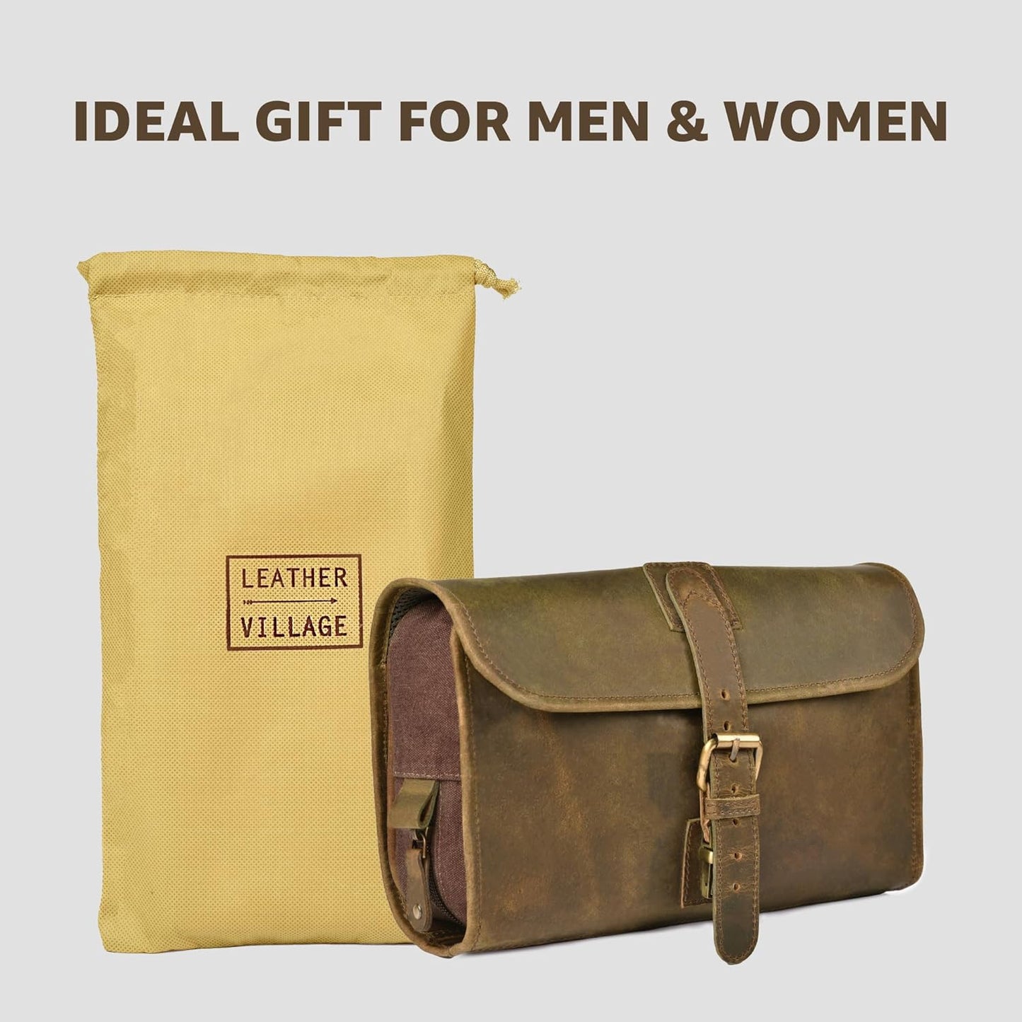 LEATHER VILLAGE Hanging Leather Toiletry Bag for Men & Women, Handcrafted Vintage Cosmetic & Shaving Organizer Travel Dopp Kit Shower Bag - Mud