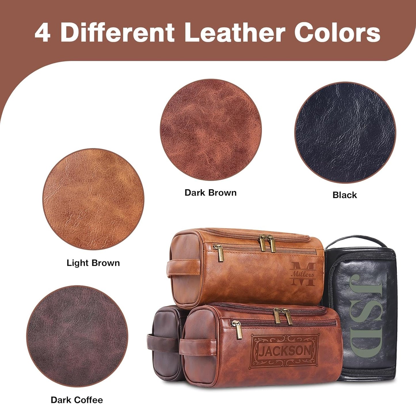 Personalized Leather Toiletry Bag For Men with Hook, Groomsmen Gifts Travel Bag Laser Engraved Name Monogram PU Gift For Him Husband Father Leather Dopp Kit with Side Handle