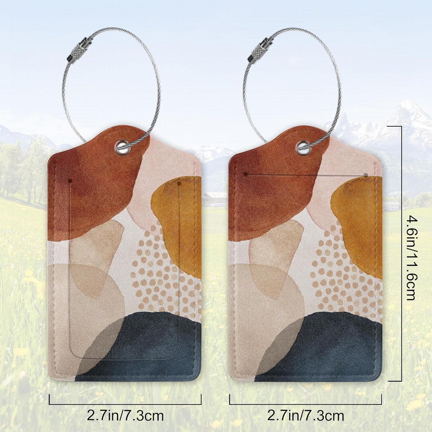 2 Pack Leather Luggage Tag for Suitcase Boho Color Block Modern Abstract Unique Travel Tags with Privacy Cover ID Label & Stainless Steel Loop for Men and Women Baggage