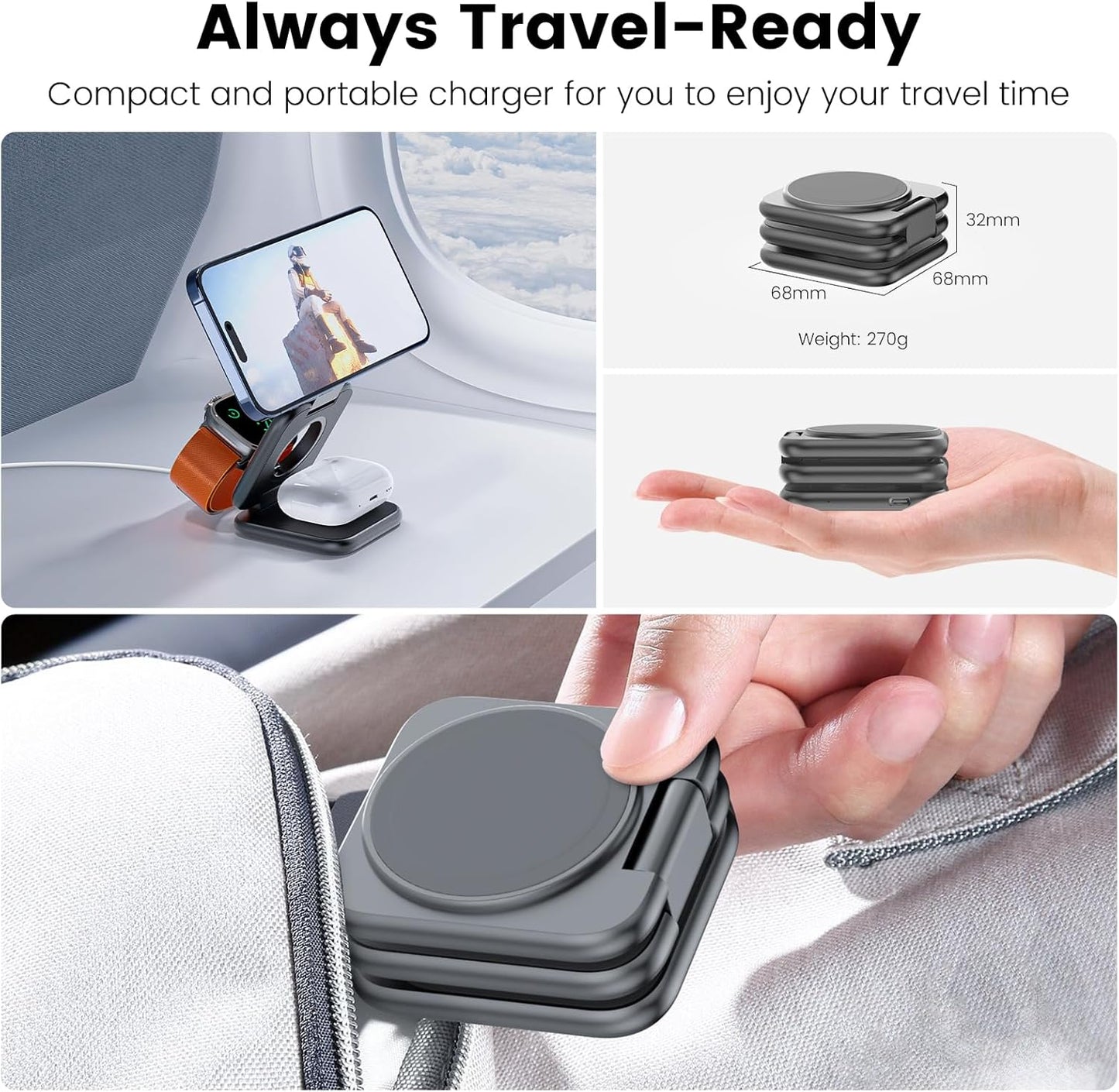 KU XIU X55 Plus 3 in 1 Charging Station for Apple Devices, Magnetic Foldable Wireless Charger 15W Fast Charging Pad for iPhone 16/15/14/13/12, for Apple Watch, for AirPods 3/2/Pro - Gray