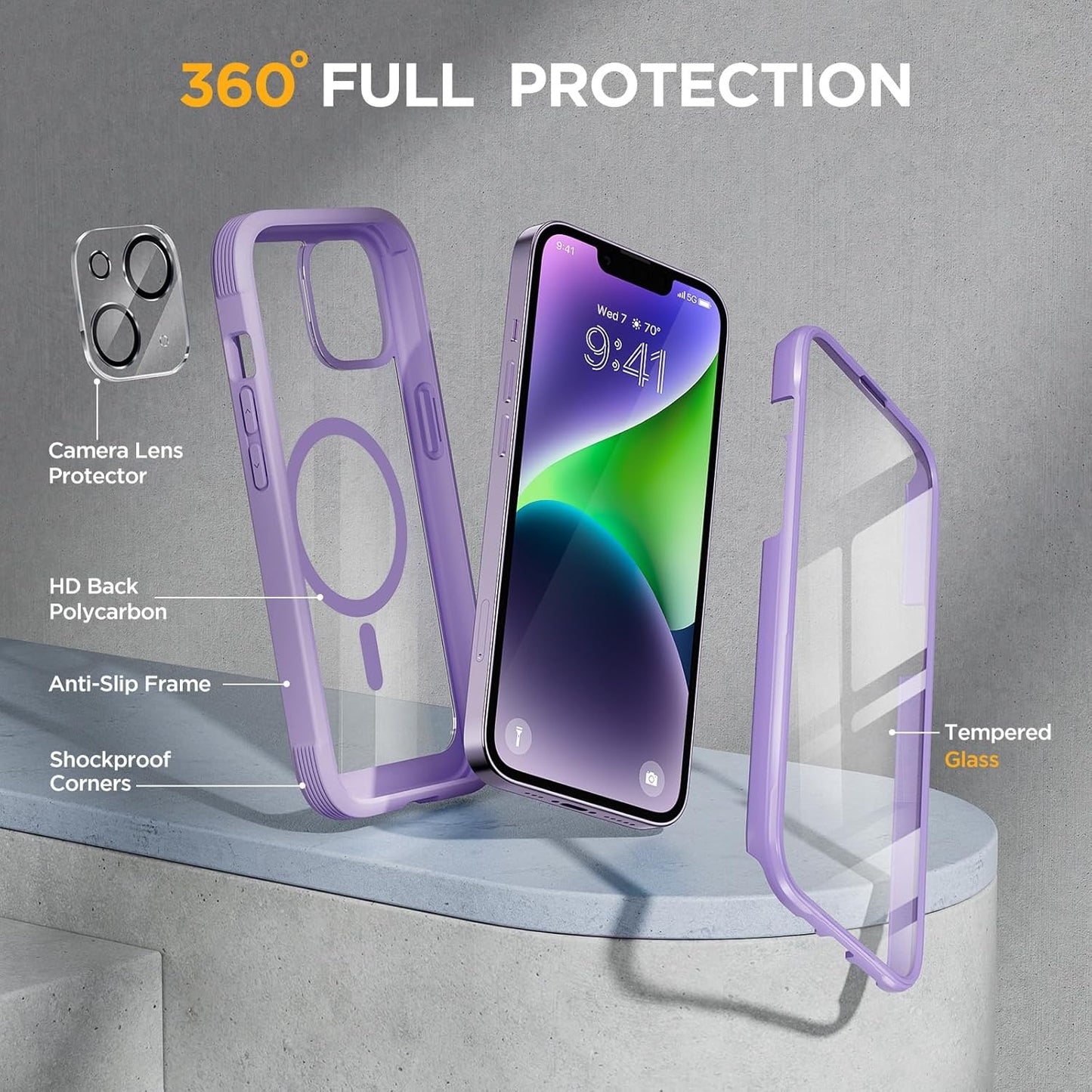 Miracase Glass Series Designed for iPhone 14 Plus Case 6.7 inch, 2023 Upgrade Full-Body Magnetic Clear Case with Built-in 9H Tempered Glass Screen Protector,Compatible with MagSafe,Purple