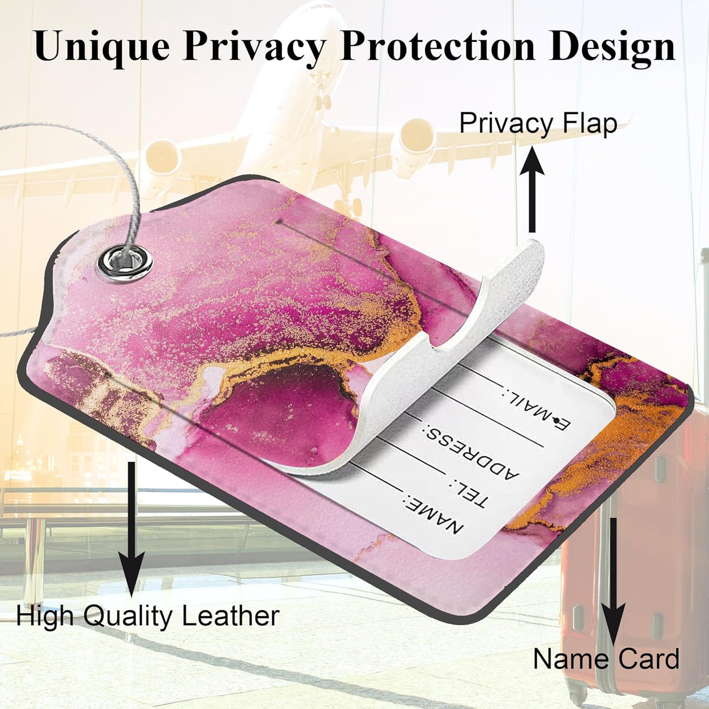 Pink Gold Abstract Marble Luggage Tags, 2 Pack Travel Cruise Tags for Suitcases, Cute Identifiers with Privacy Flap, Baggage Tag for Women Men Backpack Handbag