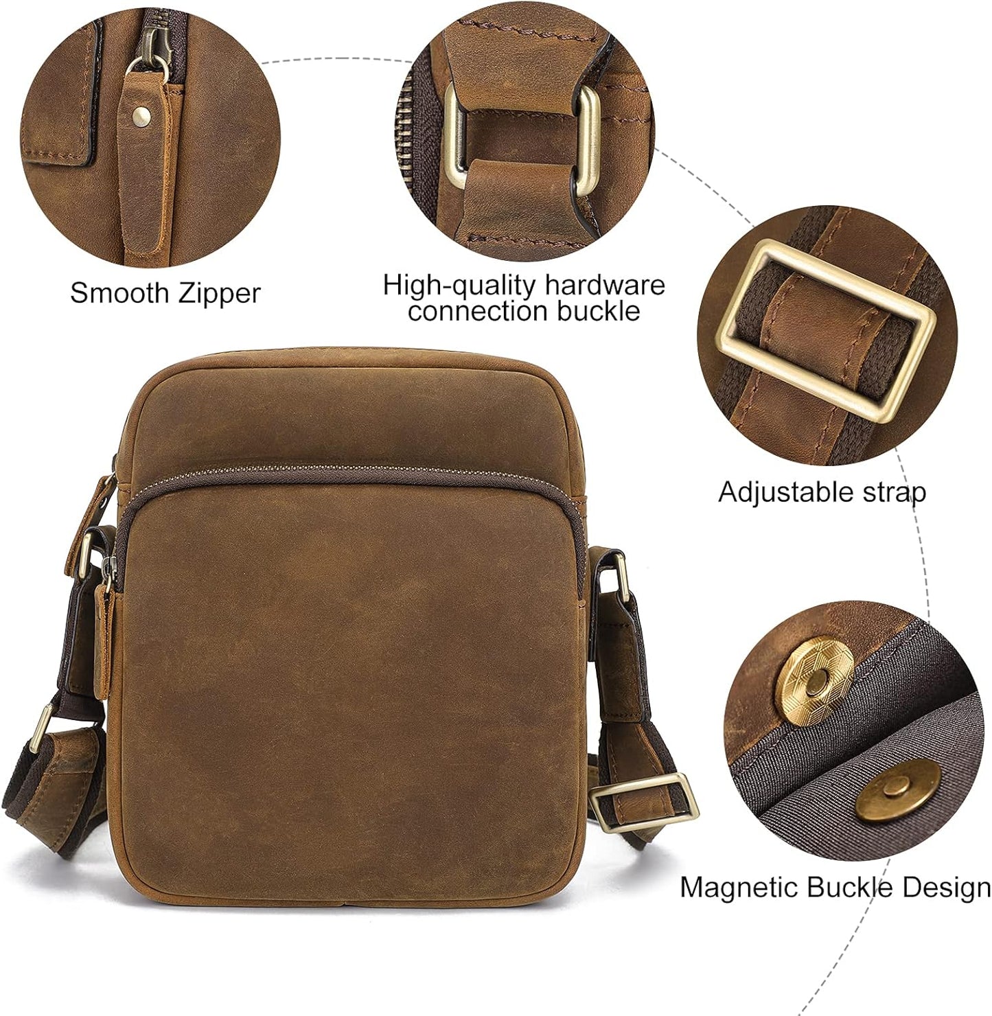 Augus Leather Messenger Crossbody Shoulder Bag for Men Work Business Casual Adjustable straps With YKK Metal Zipper