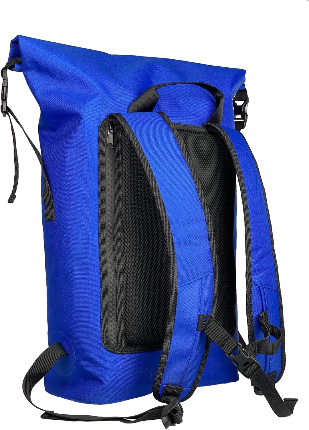 PUFFERFISH Super Sand Bag - Waterproof Roll-Top Beach Backpack, Padded Back and Straps, Multiple Pockets, Recycled Plastic, 35L, Blue