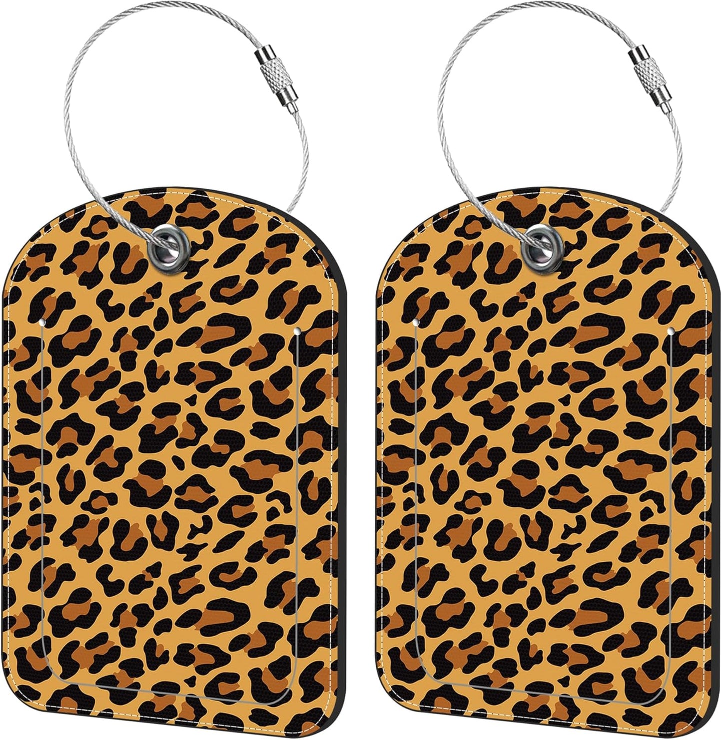 2 Pack Cute Luggage Tag for Suitcases Leopard Grain Leather Luggage Tags with Stainless Steel Loop Privacy Flap Name Tags,Men and Women Travel Bag Suitcase Tags