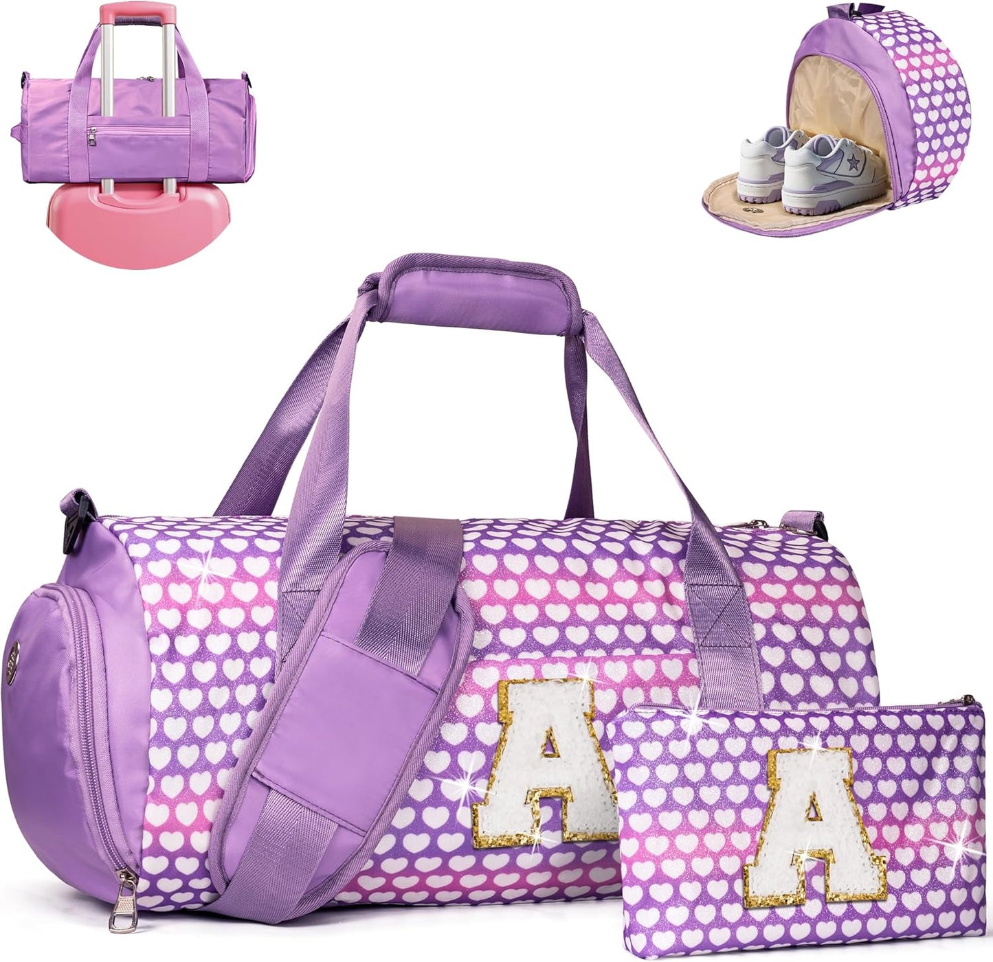 Christmas Gifts for Grandkids, Girls Travel Duffel Bag, Kids Initial Overnight Bags with Shoe Compartment, Personalized Gym Ballet Dance Bag with Makeup Pouch, Trendy Stuff (Letter A)